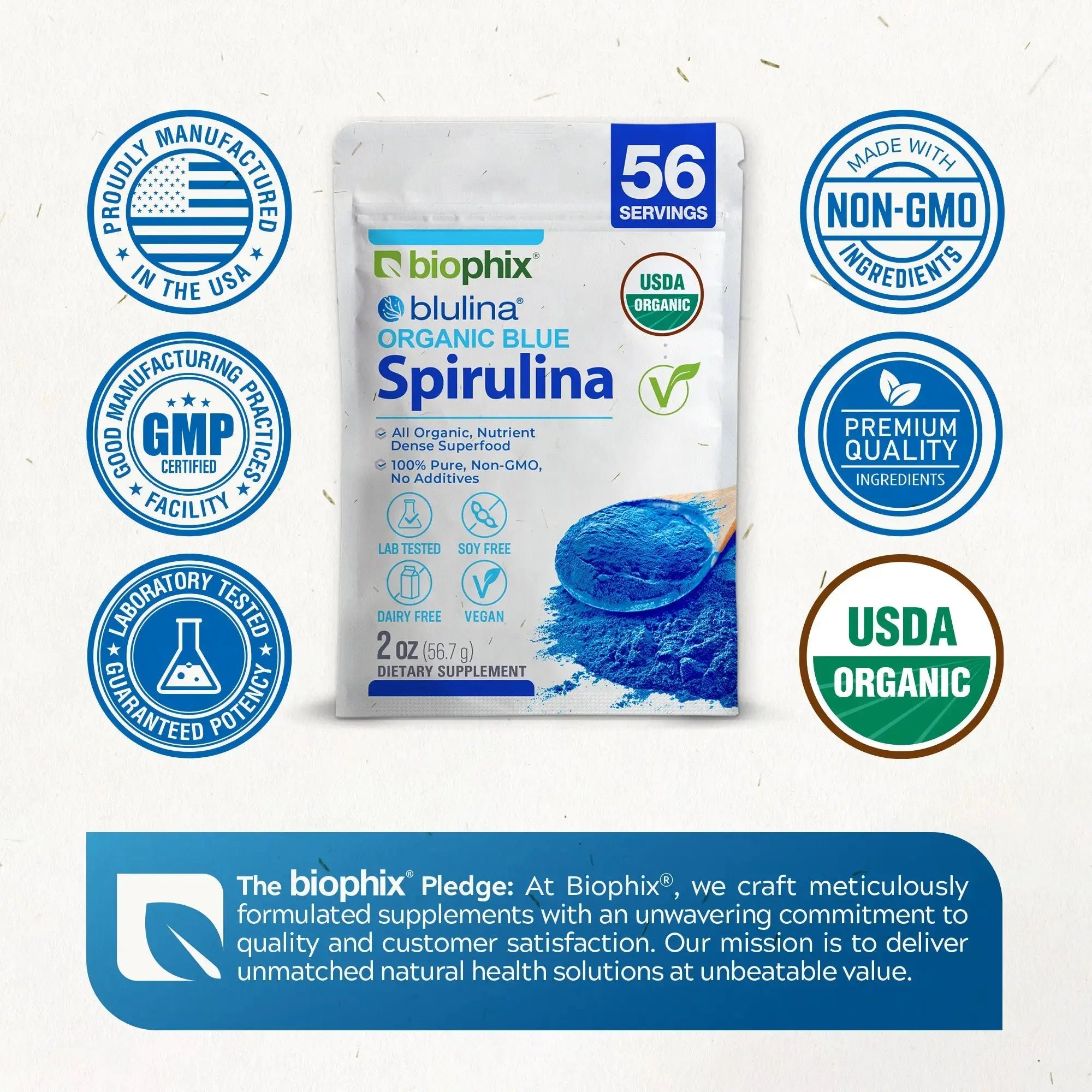 biophix Blulina Organic Blue Spirulina Powder 2 oz 7g - Detoxification Antioxidants Immune Support Superfood