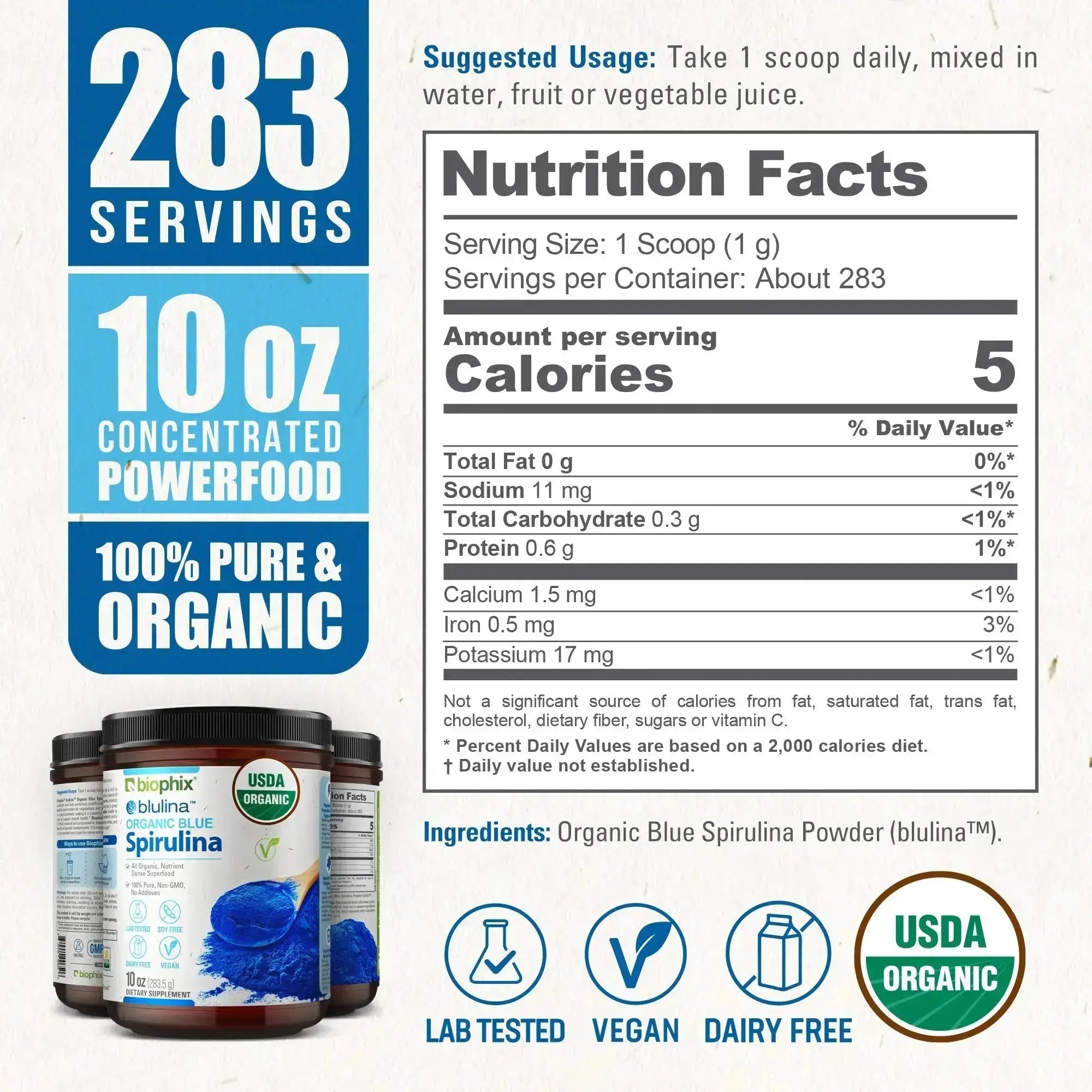 Biophix Blulina Organic Blue Spirulina Powder 10 oz 283.5 g - Detoxification Antioxidants Immune Support Superfood