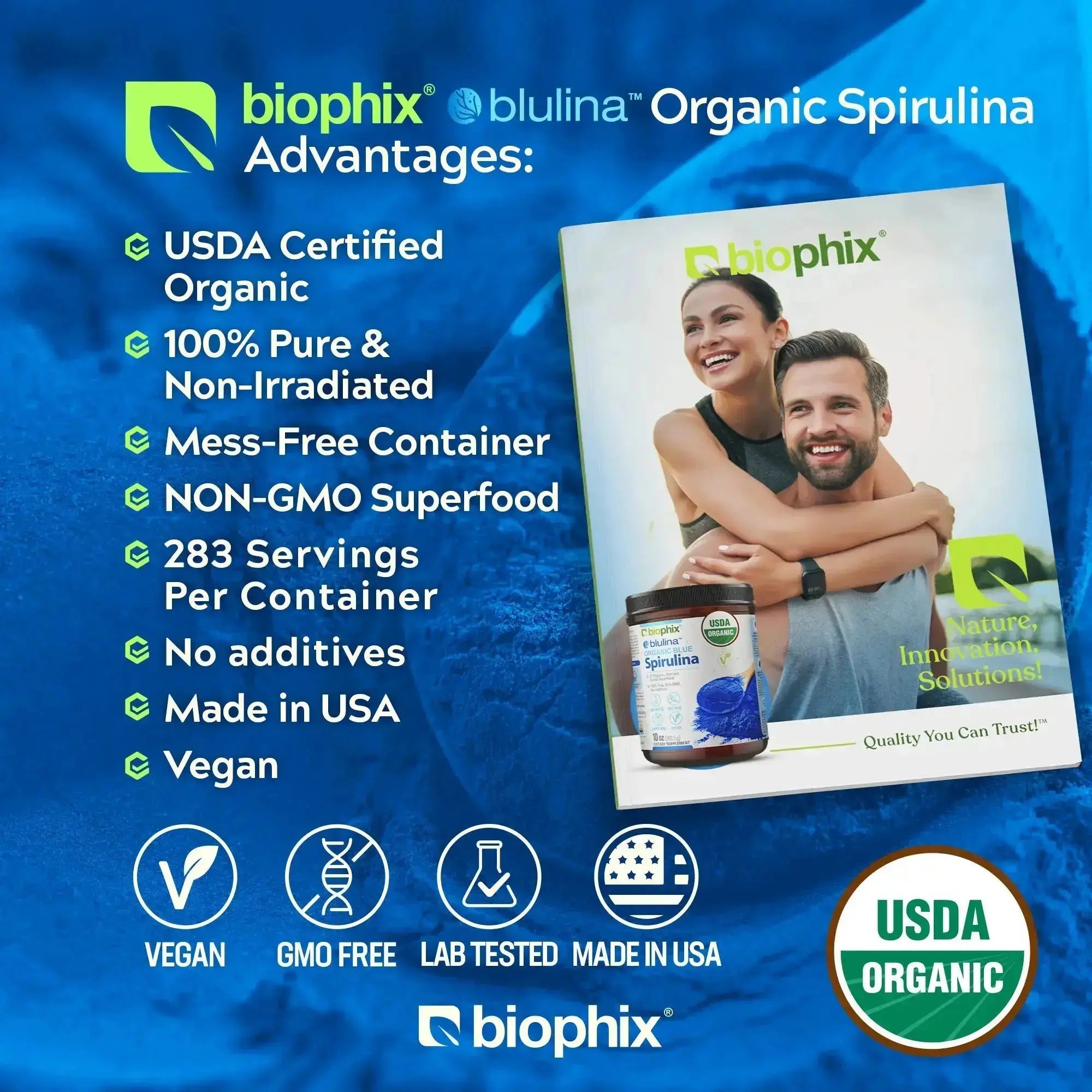 Biophix Blulina Organic Blue Spirulina Powder 10 oz 283.5 g - Detoxification Antioxidants Immune Support Superfood