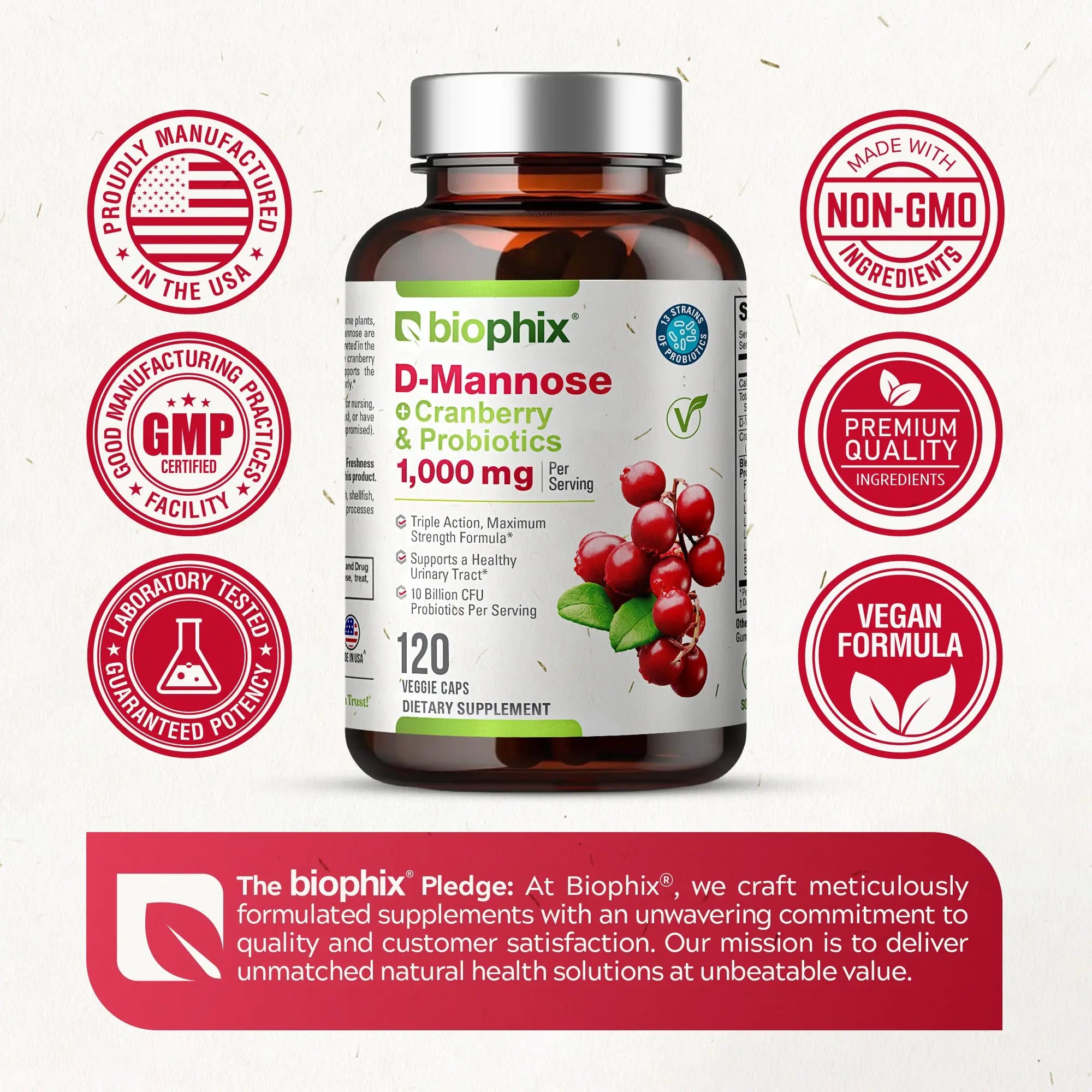 biophix D-Mannose Plus Cranberry and Probiotics 1000 mg 120 Vegetarian Capsules