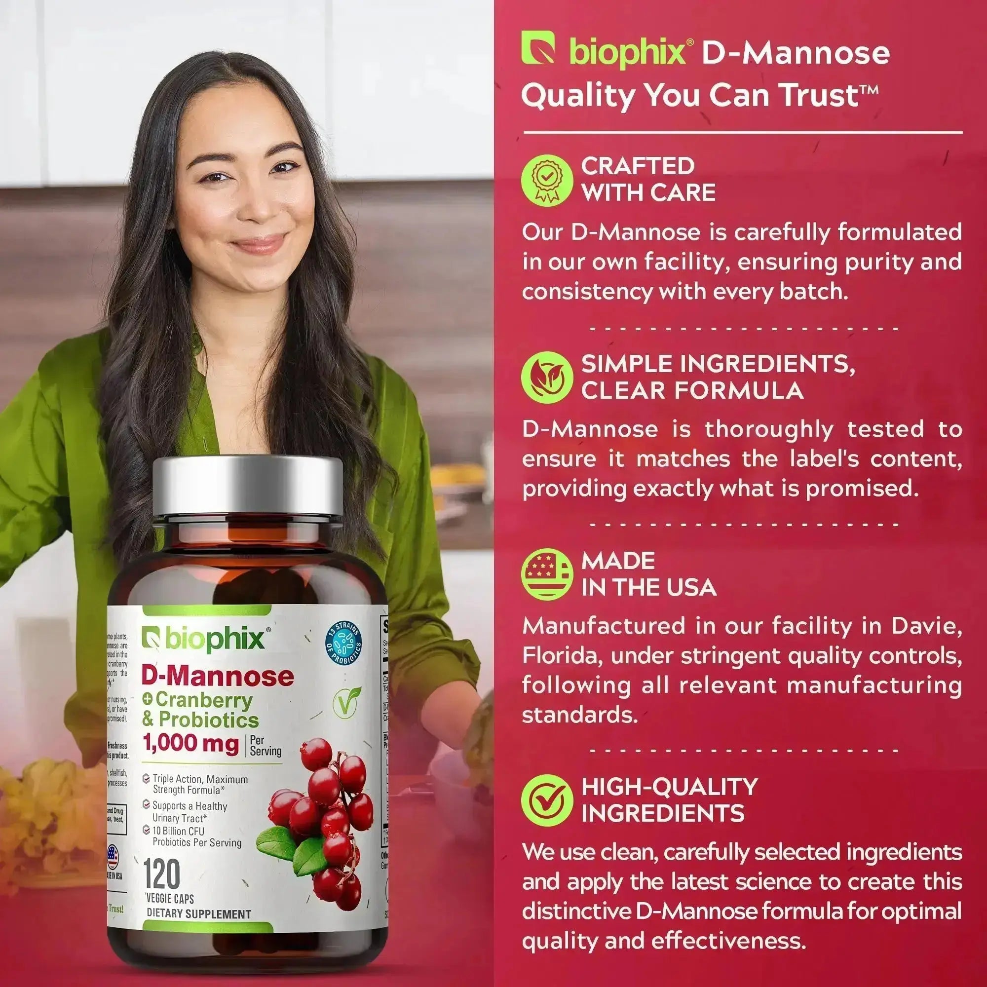 biophix D-Mannose Plus Cranberry and Probiotics 1000 mg 120 Vegetarian Capsules