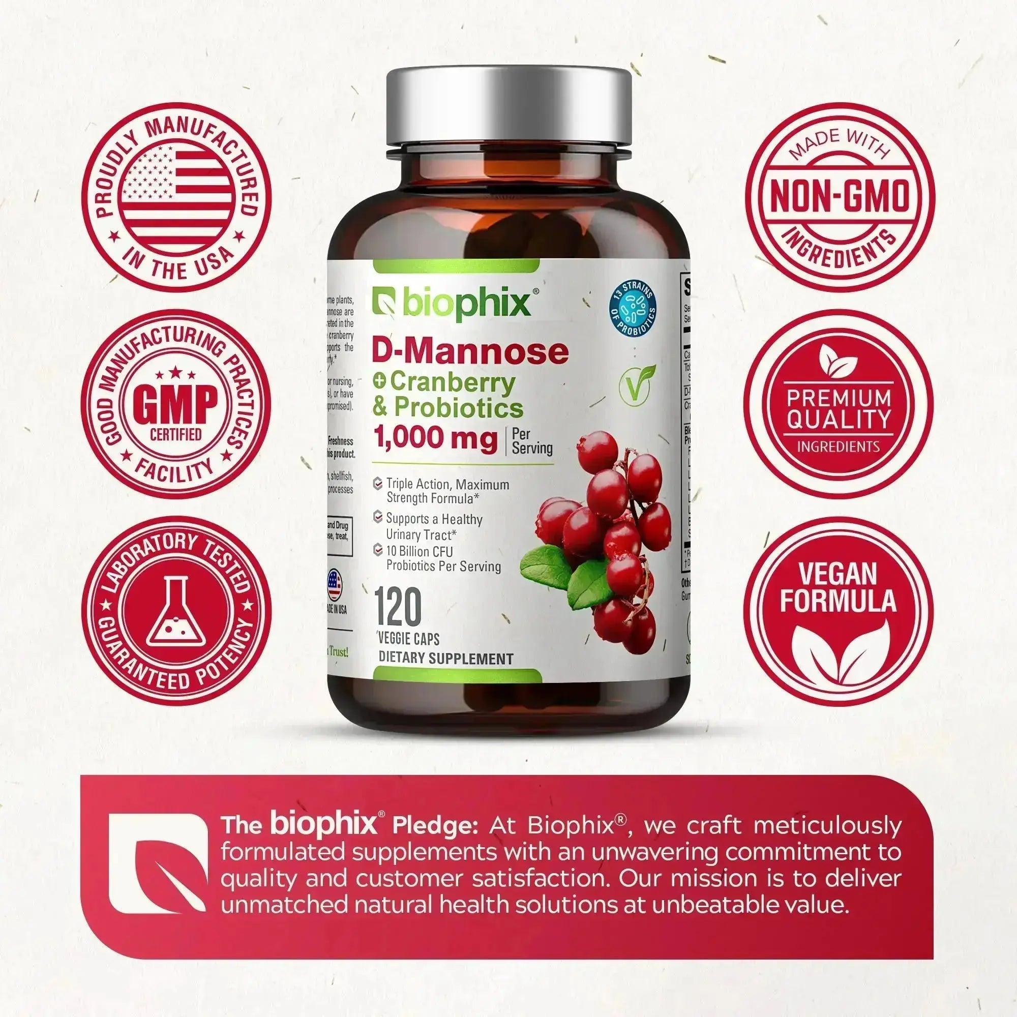 biophix D-Mannose Plus Cranberry and Probiotics 1000 mg 120 Vegetarian Capsules