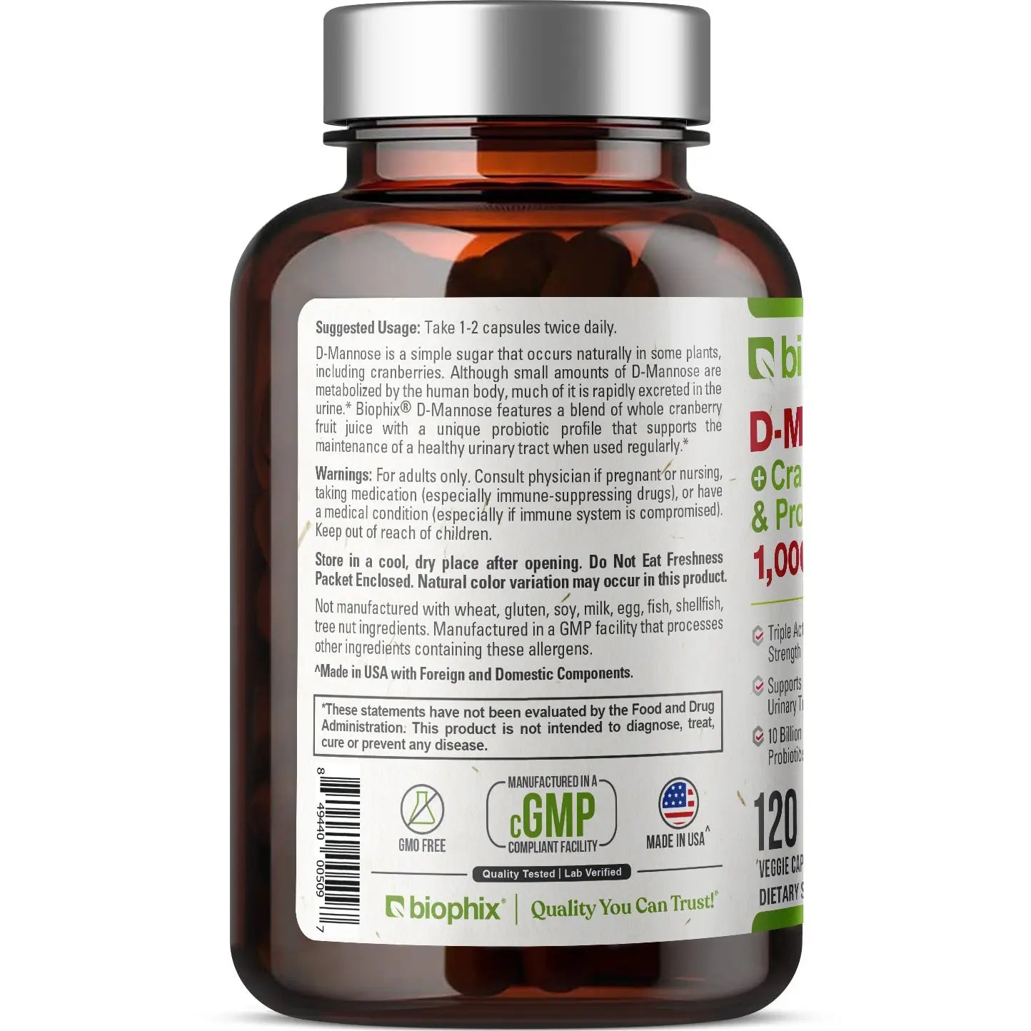 biophix D-Mannose Plus Cranberry and Probiotics 1000 mg 120 Vegetarian Capsules