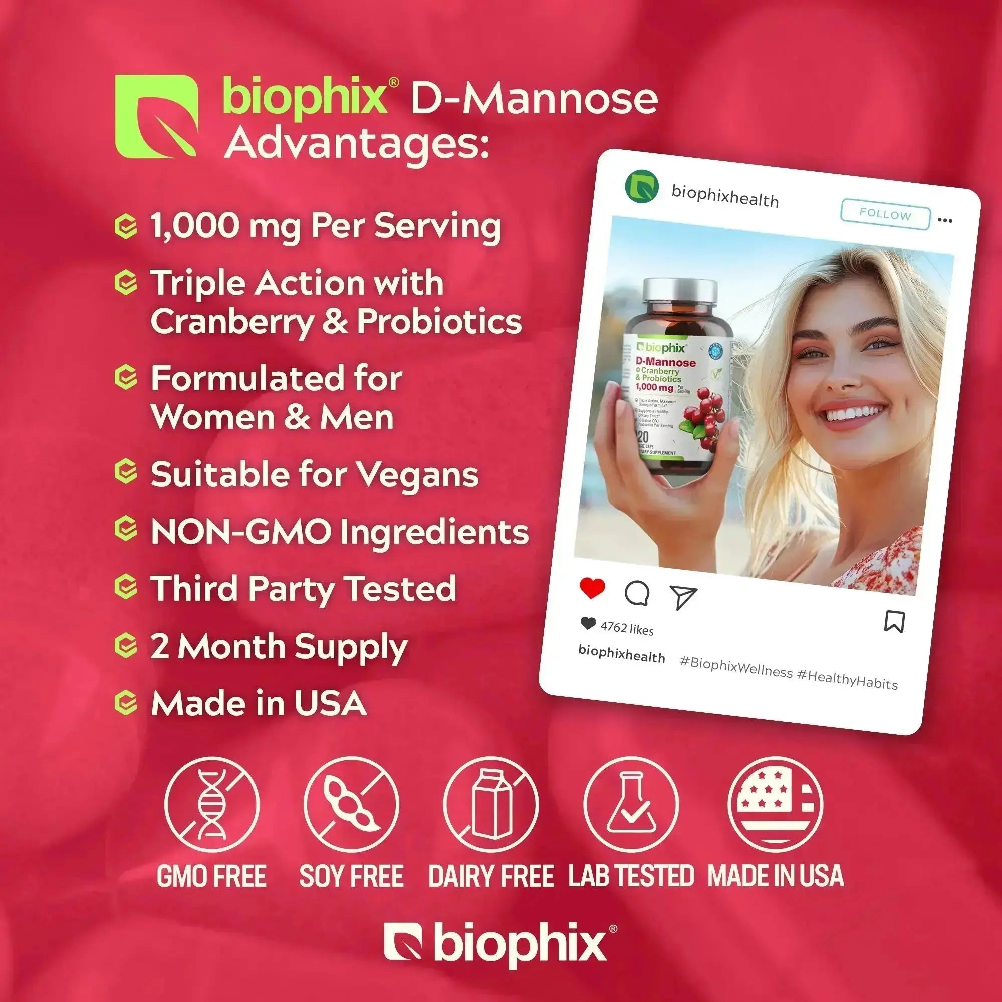 biophix D-Mannose Plus Cranberry and Probiotics 1000 mg 120 Vegetarian Capsules