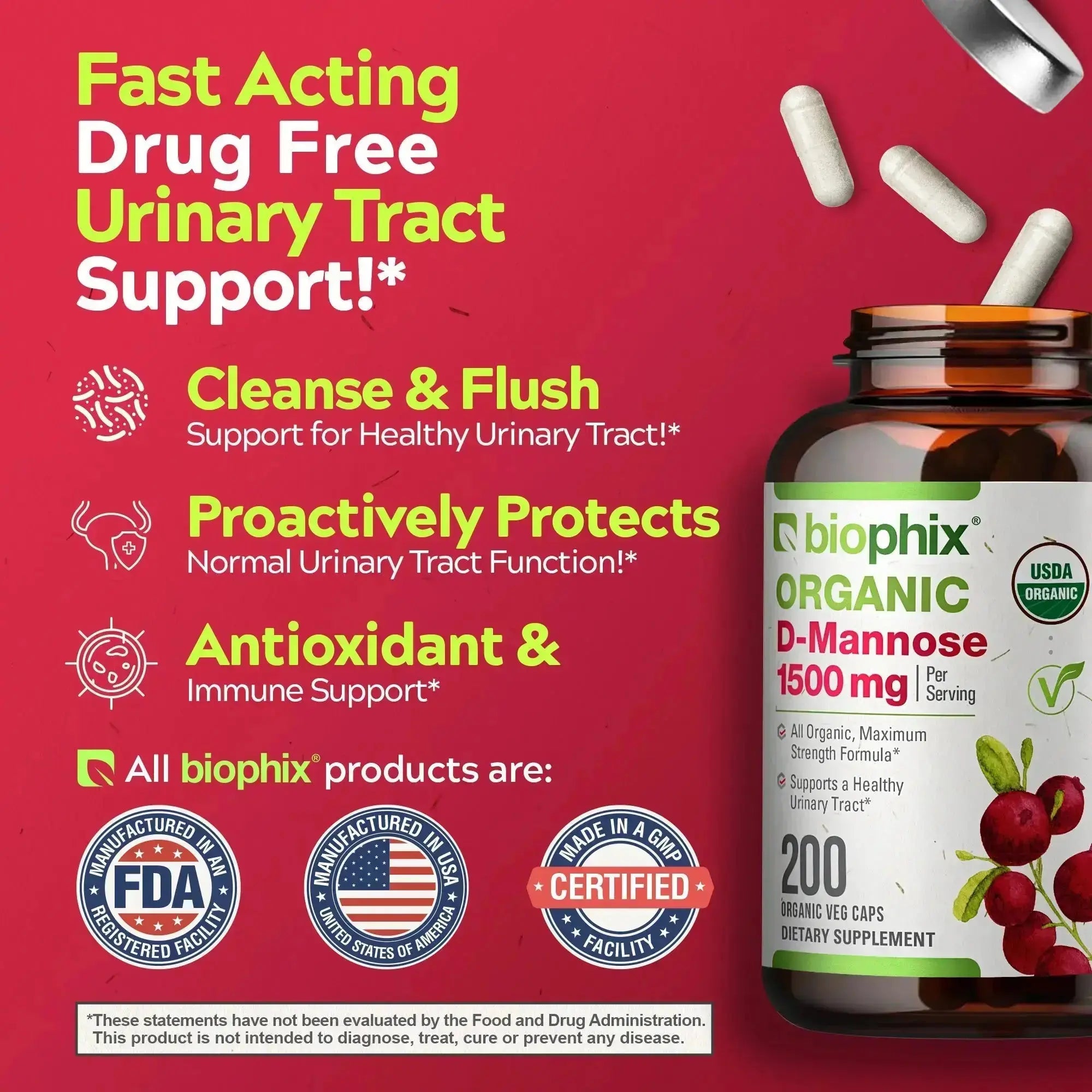 biophix D-mannose USDA Organic 1500 mg 200 Vegetarian Capsules