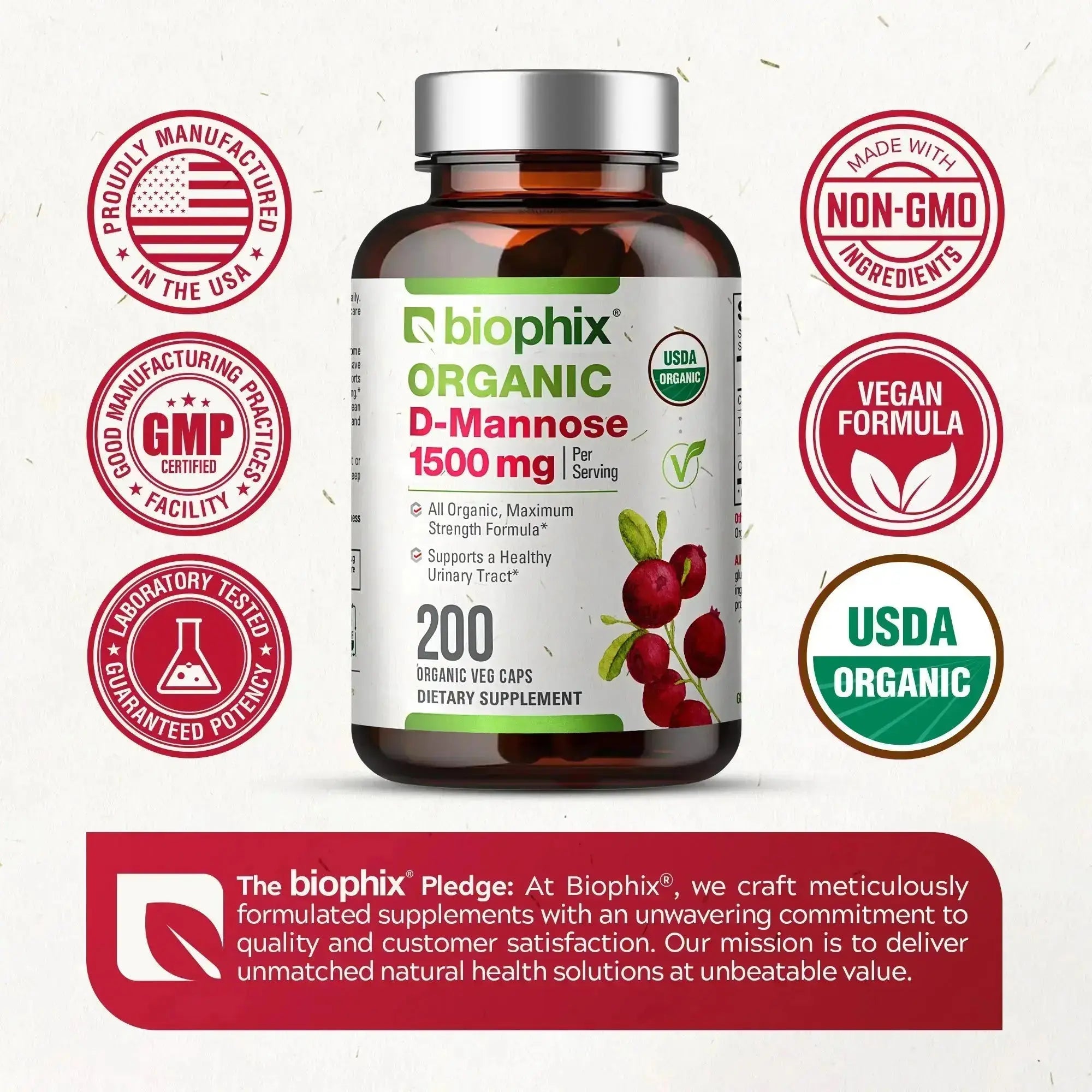 biophix D-mannose USDA Organic 1500 mg 200 Vegetarian Capsules