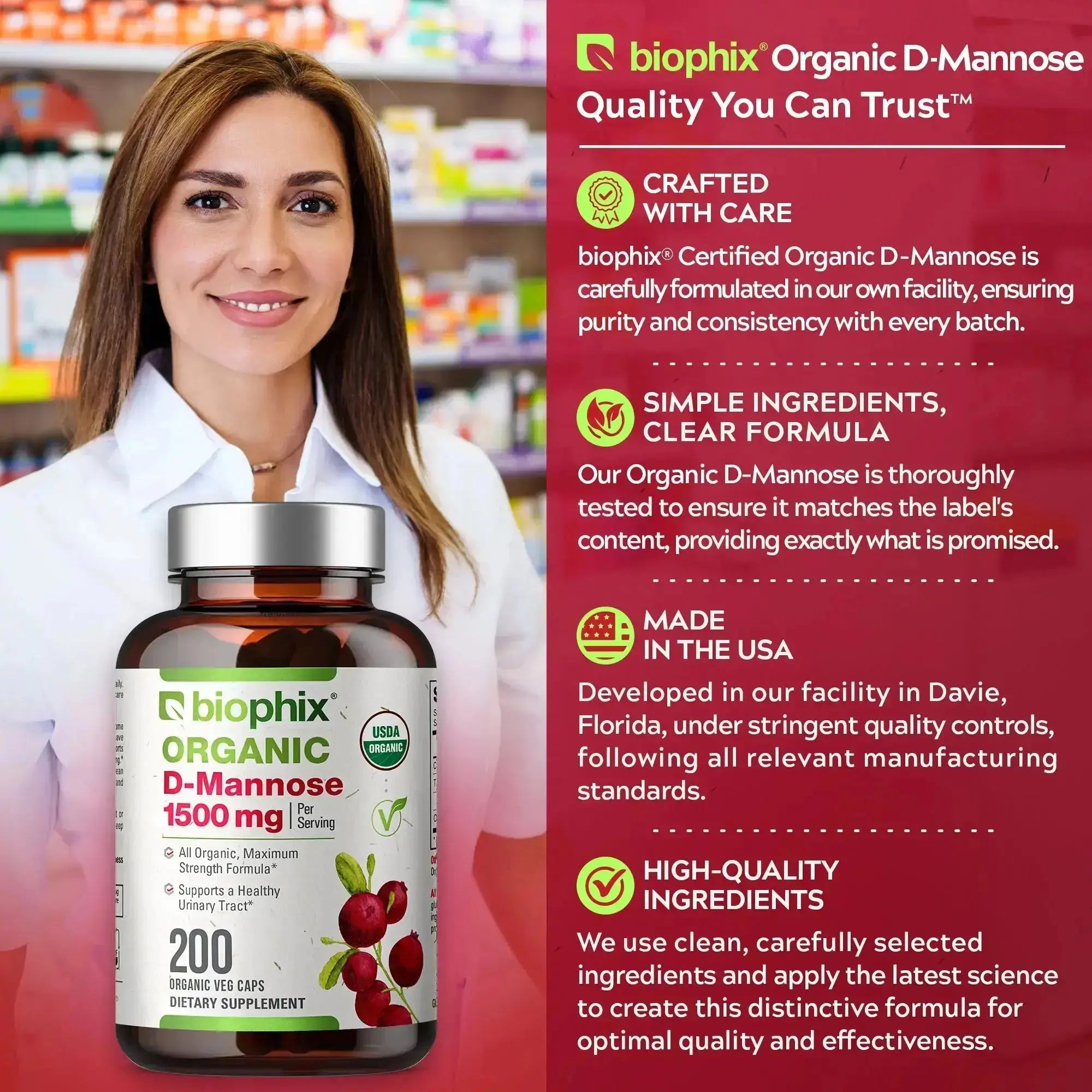 biophix D-mannose USDA Organic 1500 mg 200 Vegetarian Capsules