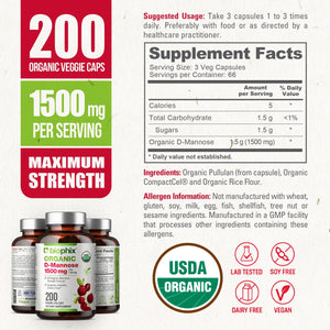 biophix D-mannose USDA Organic 1500 mg 200 Vegetarian Capsules