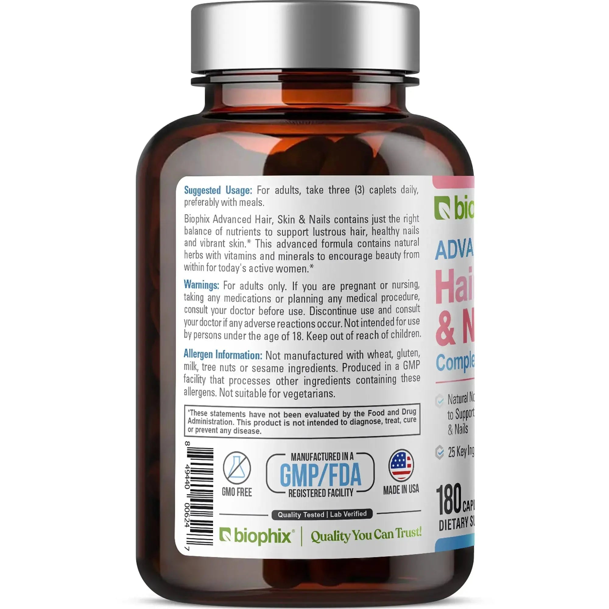 biophix Hair Skin and Nails Complex 180 Caplets with 10,000 mcg Biotin