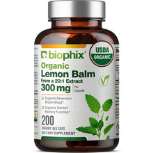 Load image into Gallery viewer, Biophix Lemon Balm USDA Organic 20:1 Extract 300 mg 200 Veggie Caps Front View