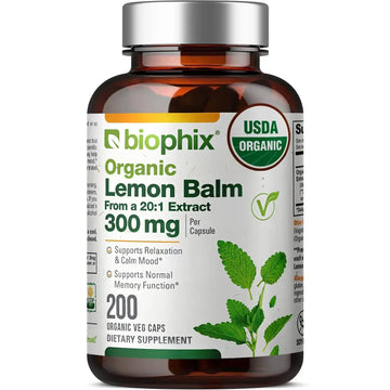 Biophix Lemon Balm USDA Organic 20:1 Extract 300 mg 200 Veggie Caps Front View