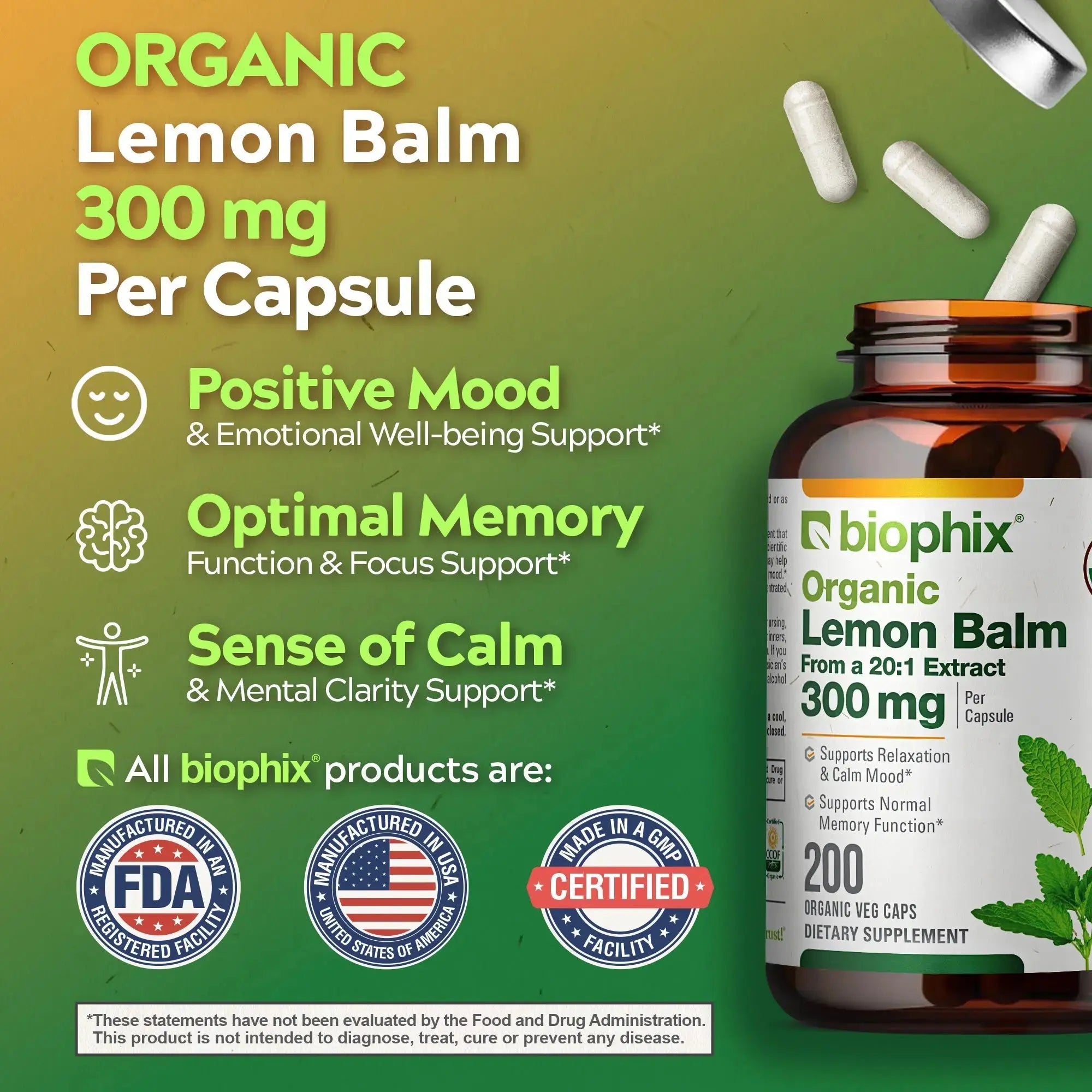 Biophix Organic Lemon Balm Extract Calm Relaxation Positive Mood Stress Support