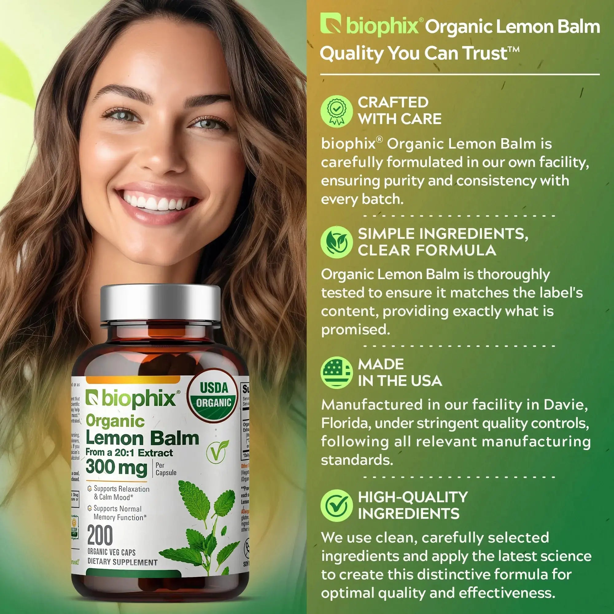 Biophix Lemon Balm 300 mg 200 Vcaps Supplement Facts Label Per Capsule