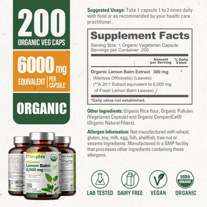 biophix Lemon Balm USDA Organic 20:1 Extract 300 mg 200 Veggie Caps