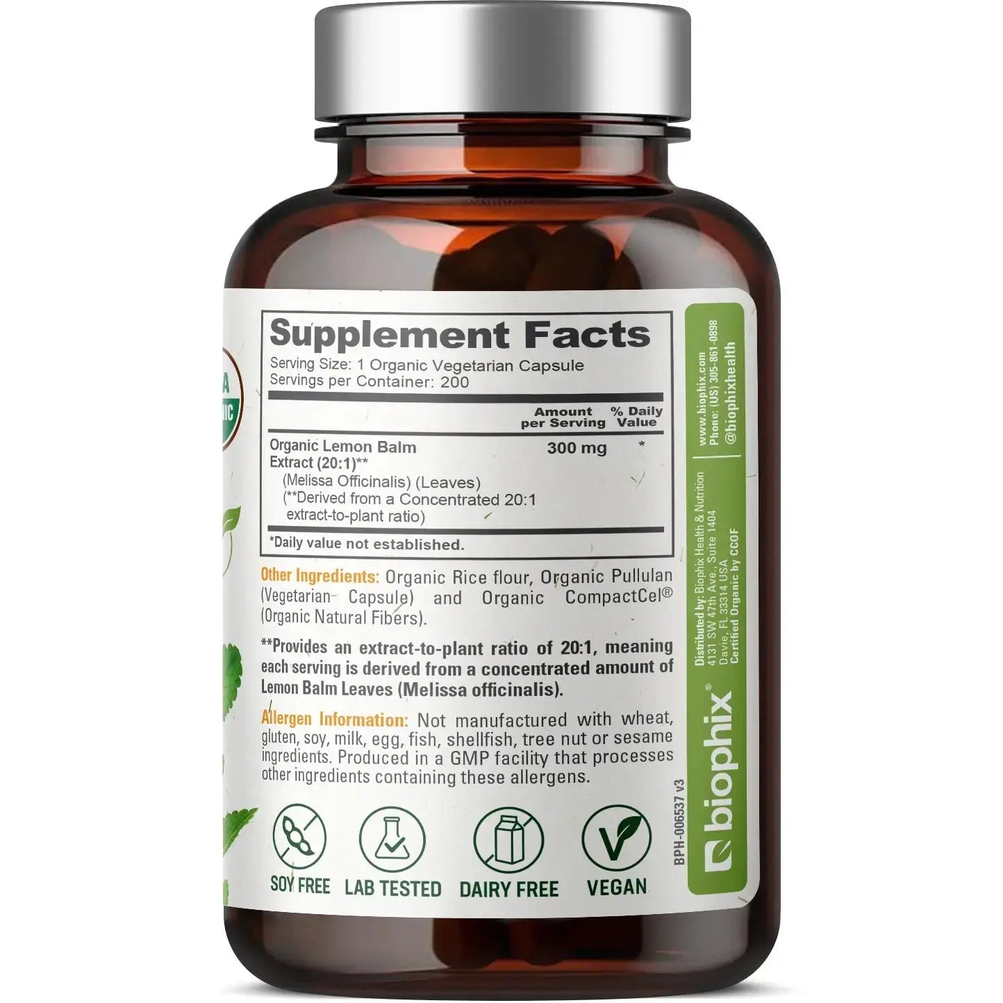 Biophix Organic Lemon Balm 300 mg Anxiety Relief Focus Mental Clarity Support