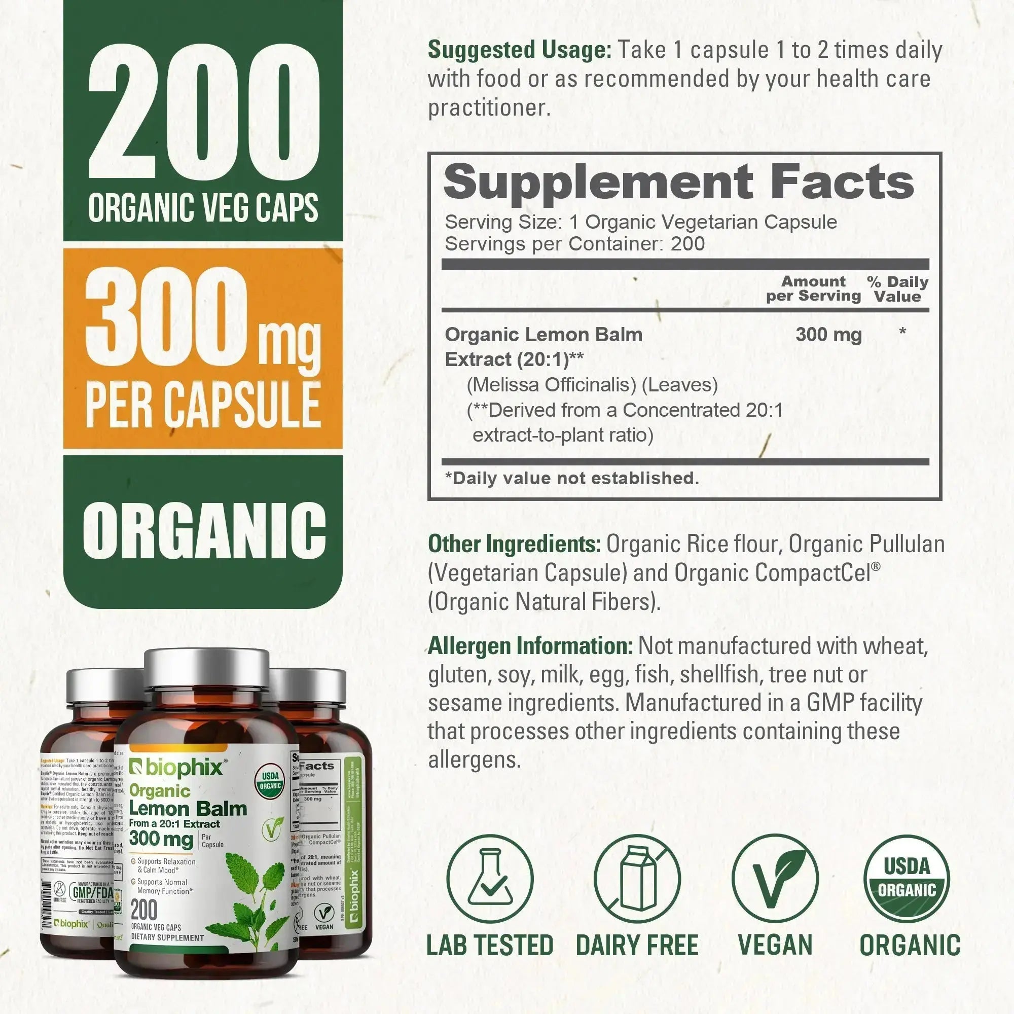 Biophix Lemon Balm Left Side View USDA Organic Non-GMO Vegan Allergen-Free