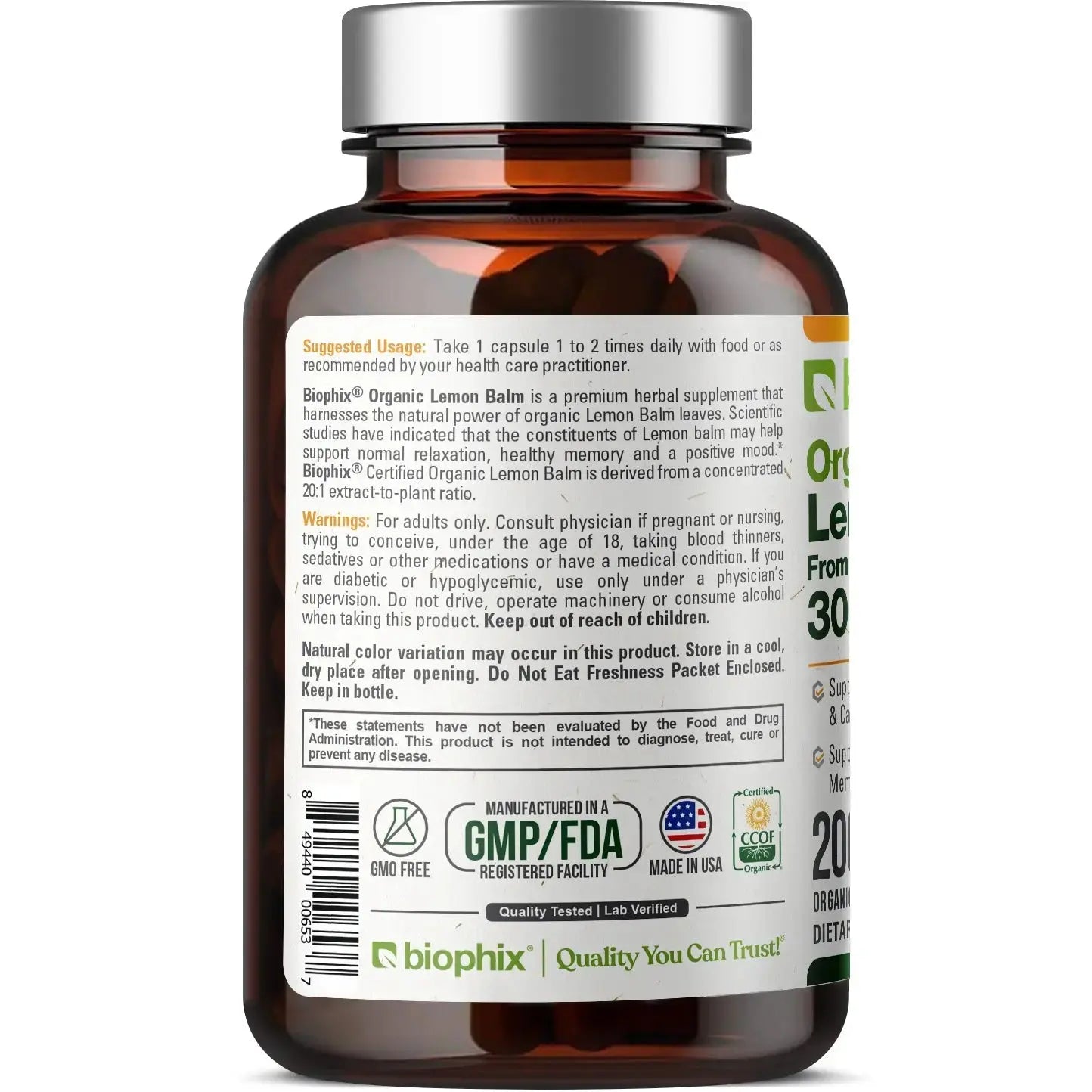 Biophix Lemon Balm USDA Organic Lifestyle Daily Calm Mood Wellness Supplement