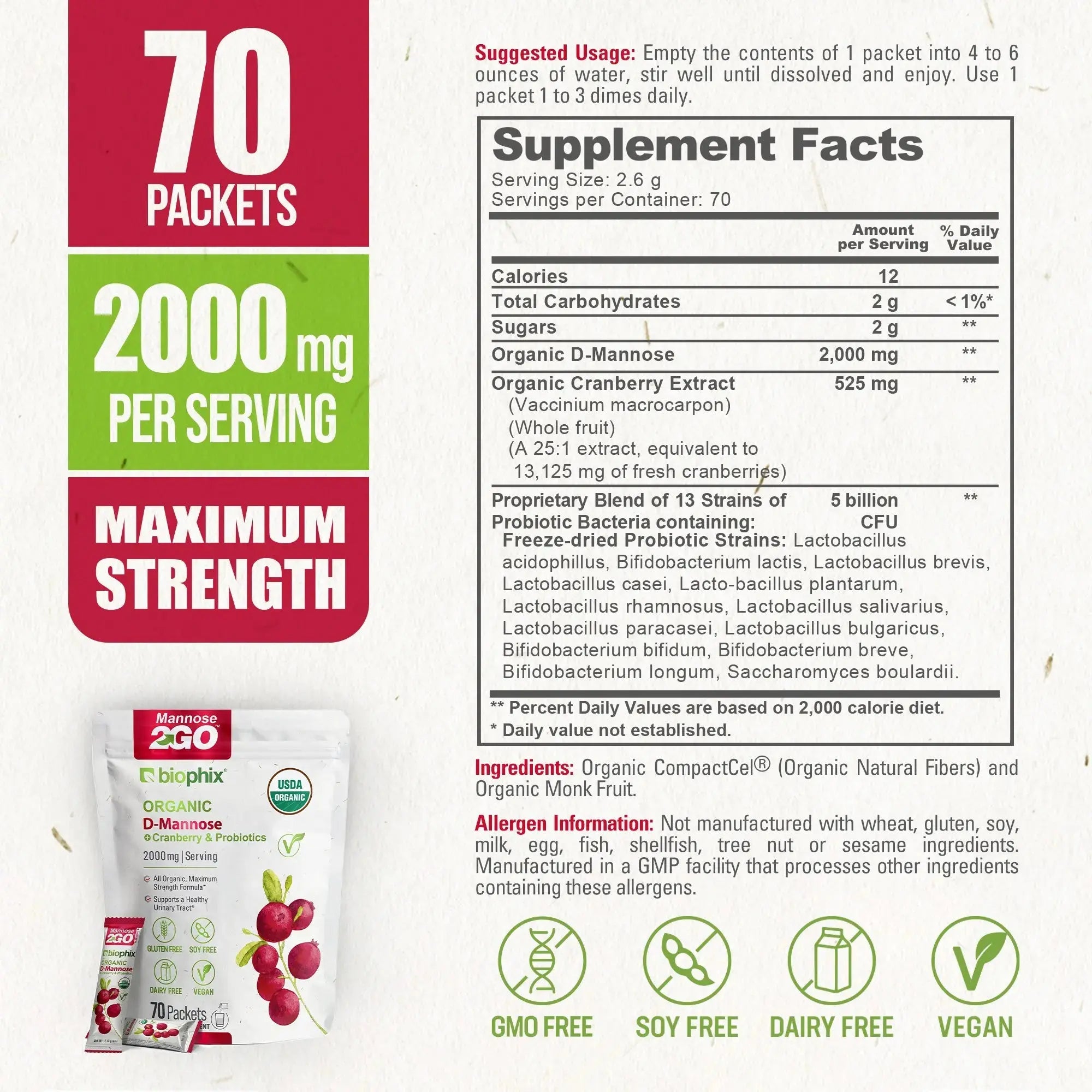 biophix Mannose2GO USDA Organic D-Mannose with Probiotics 2000 mg 70 Packets