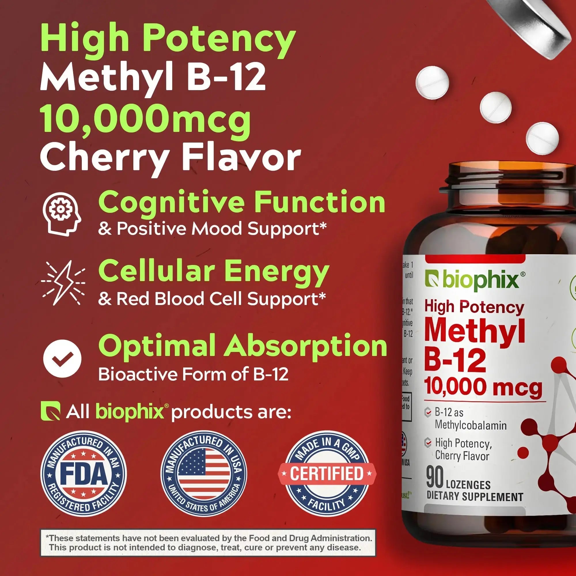 biophix Methyl B-12 Extra Strength 10000 mcg 90 Vegan Lozenges - Cherry Flavor