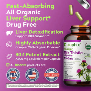 biophix Milk Thistle USDA Organic 30:1 Extract 7500 mg with Piperine 180 Veggie Capsules