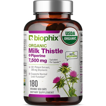 Biophix Milk Thistle USDA Organic 30:1 Extract 7500 mg 180 Veggie Caps Front View