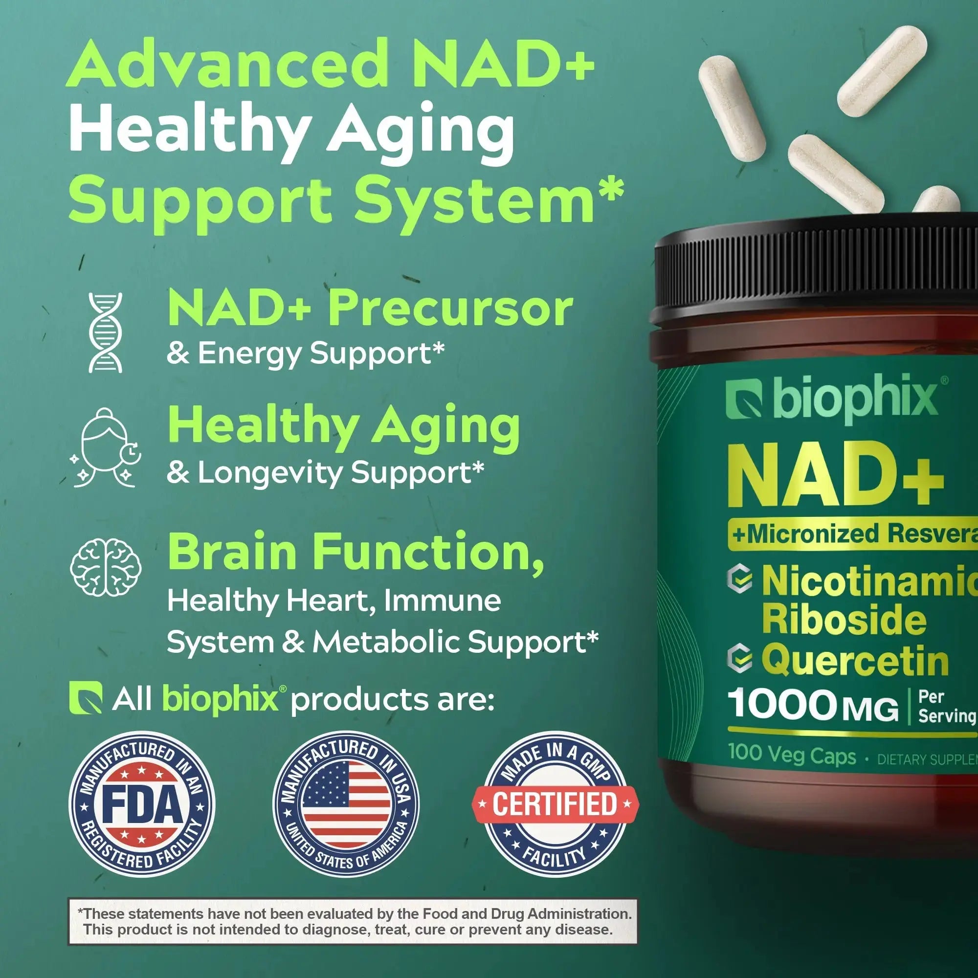biophix NAD+ Micronized Resveratrol – Nicotinamide Riboside with Quercetin 1000mg per Serving 100 Veg Capsules