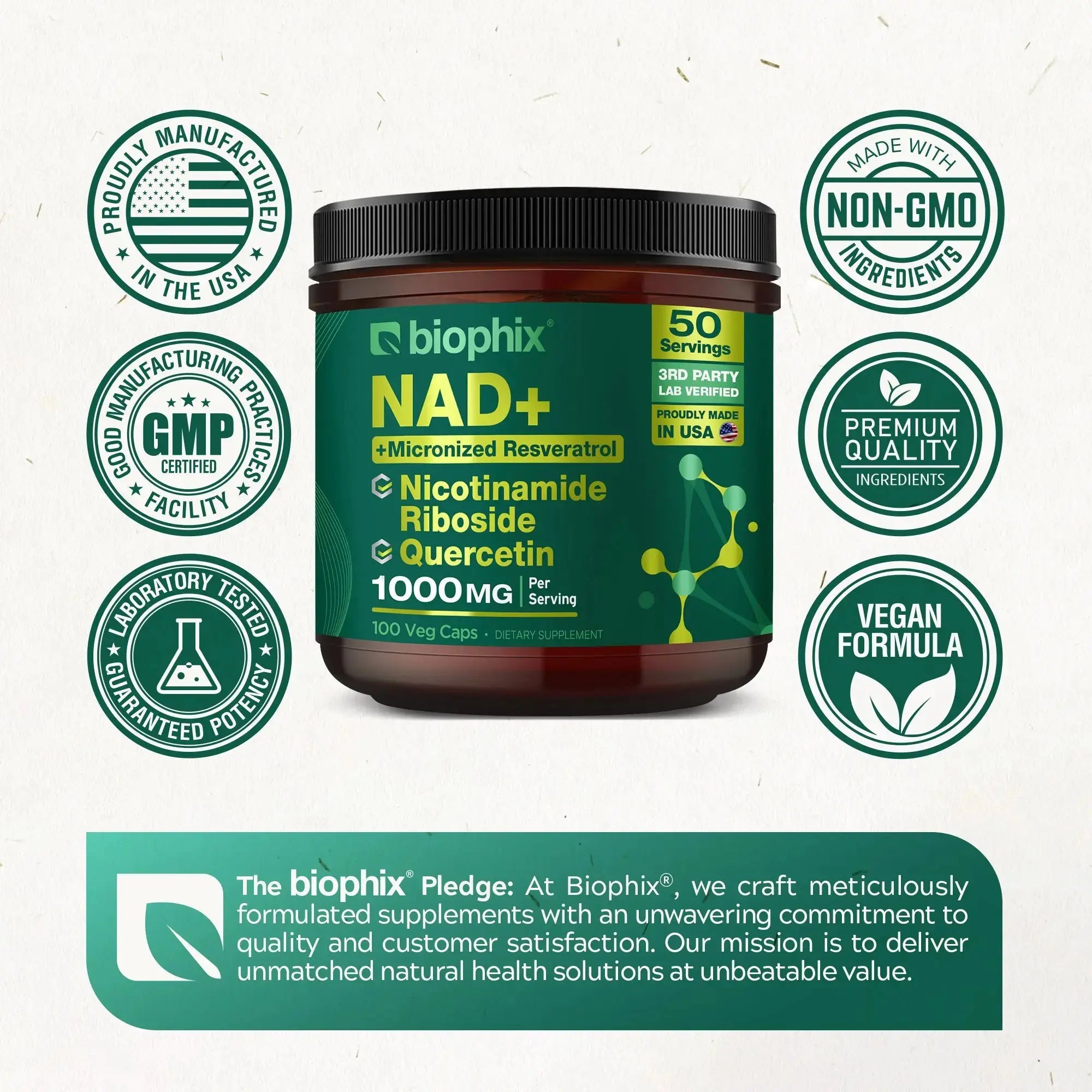biophix NAD+ Micronized Resveratrol – Nicotinamide Riboside with Quercetin 1000mg per Serving 100 Veg Capsules