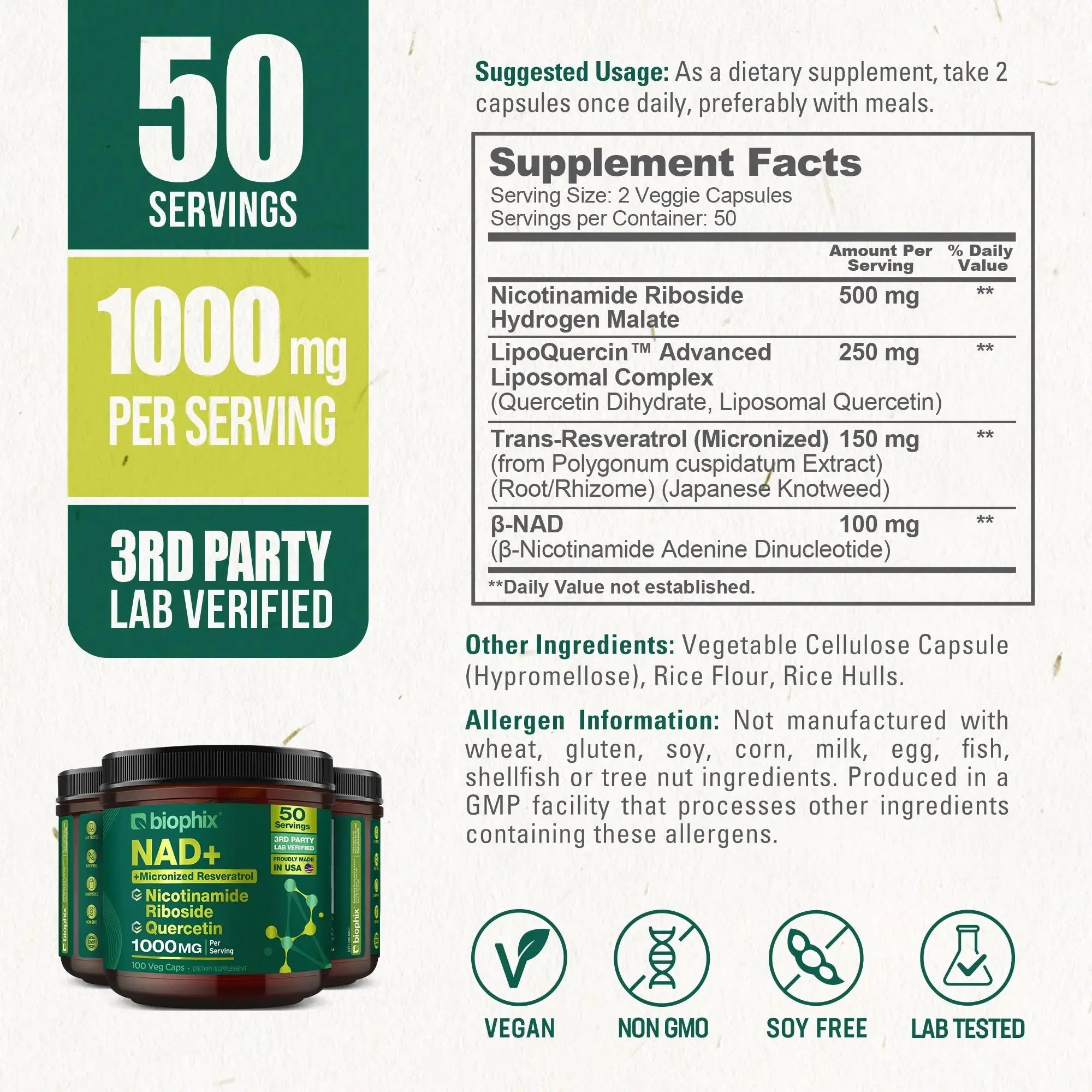 biophix NAD+ Micronized Resveratrol – Nicotinamide Riboside with Quercetin 1000mg per Serving 100 Veg Capsules