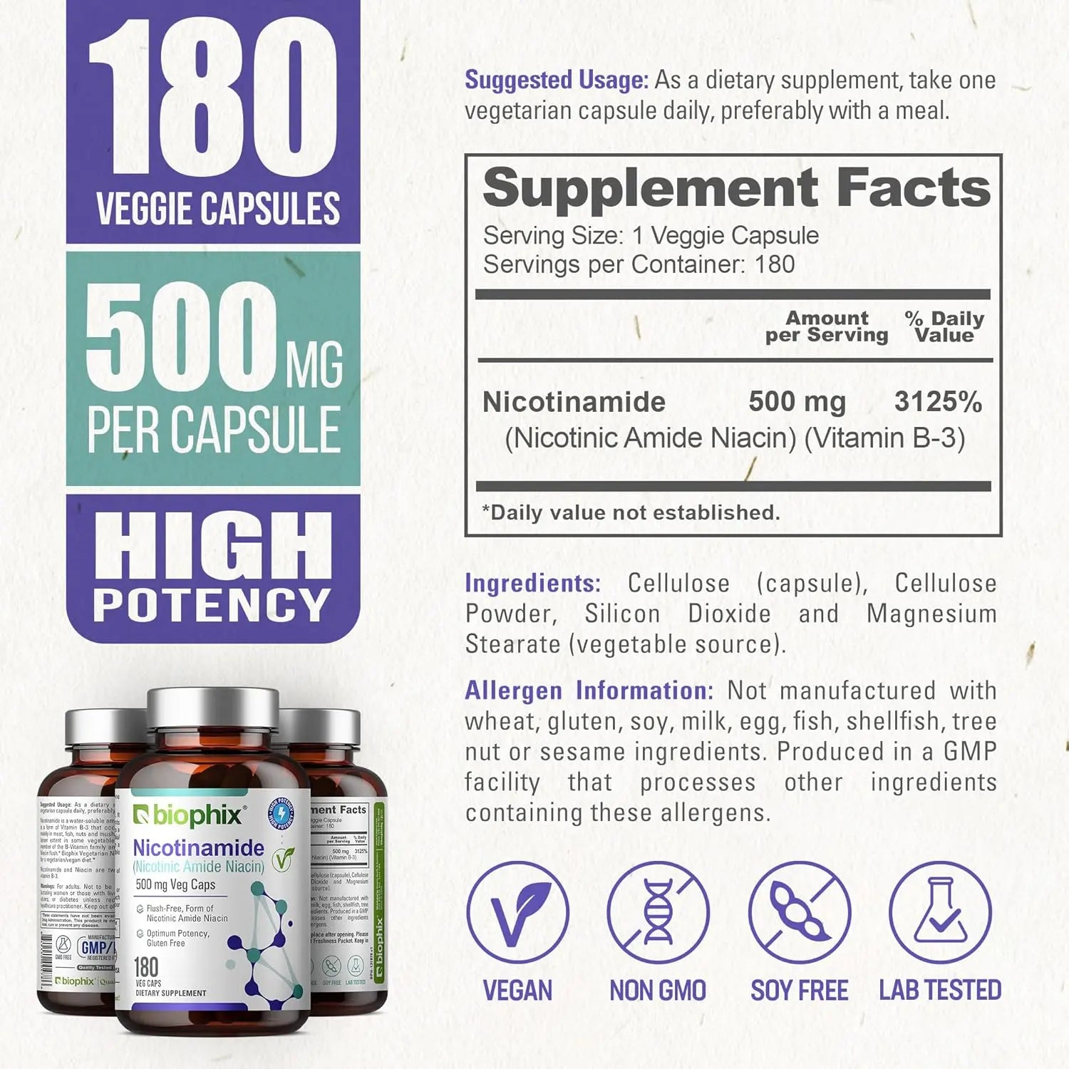 biophix Nicotinamide 500 mg 180 Vcaps Plus Hair Skin and Nails 180 Caplets Skin Kit