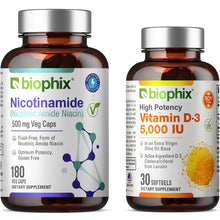 Load image into Gallery viewer, biophix Nicotinamide 500 mg 180 Vegetarian Capsules with Free Vitamin D-3 5000 IU 30 Softgels