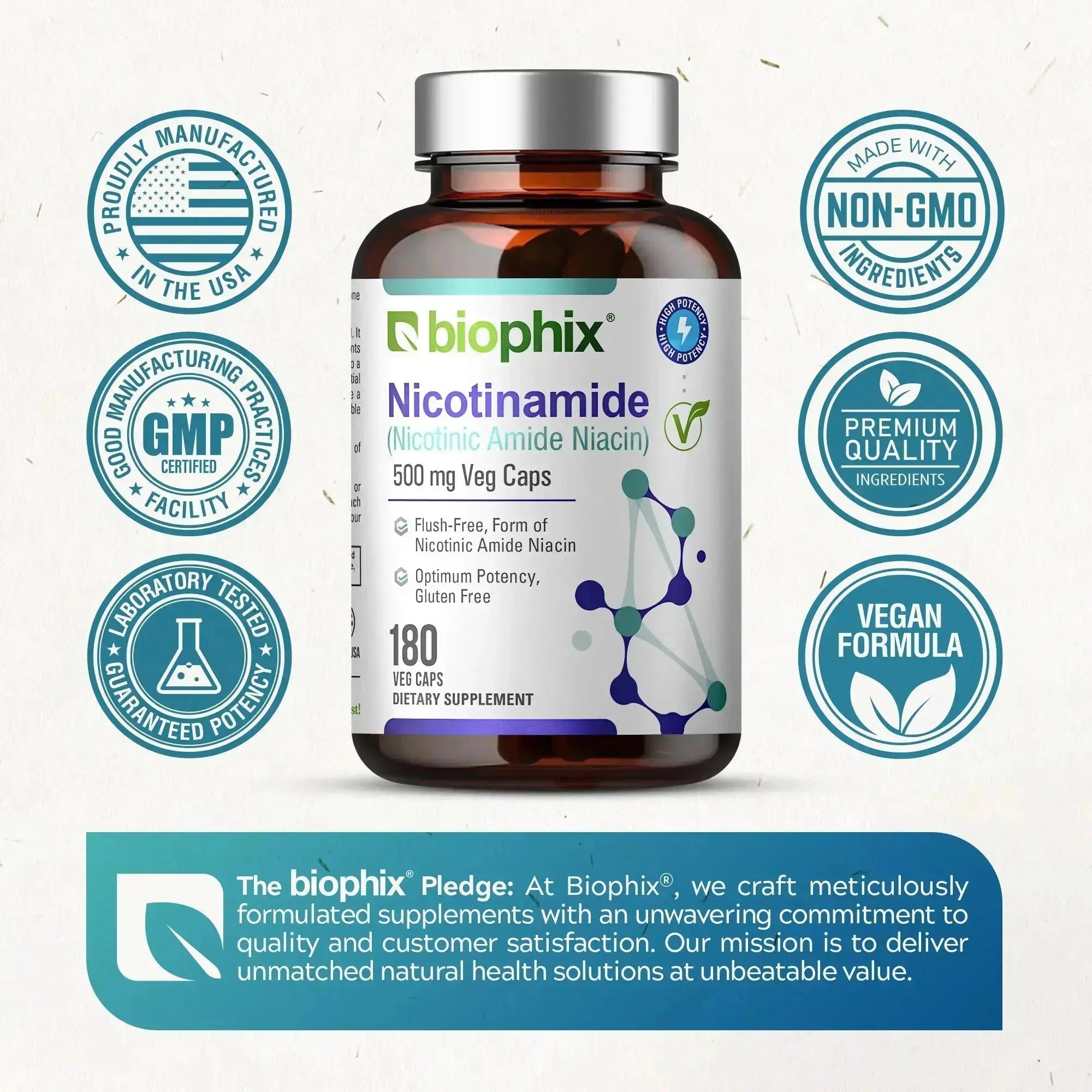 Biophix Nicotinamide 500 mg Right Side View cGMP Certified Third Party Tested USA