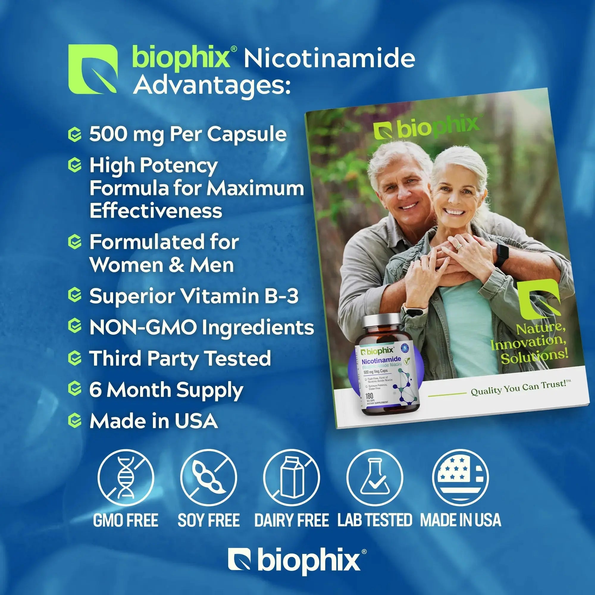 Biophix Nicotinamide 500 mg Back Label Allergen-Free Soy-Free Dairy-Free Gluten-Free