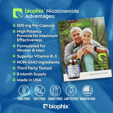 Load image into Gallery viewer, Biophix Nicotinamide 500 mg Back Label Allergen-Free Soy-Free Dairy-Free Gluten-Free