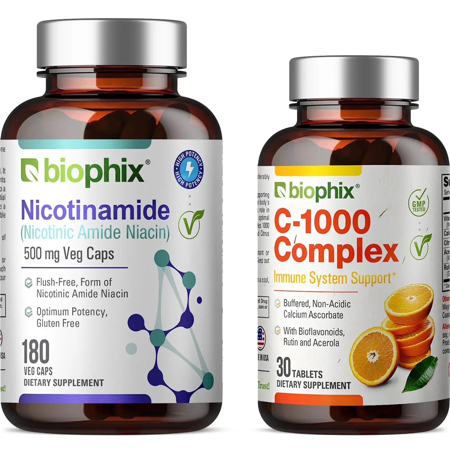 Biophix Nicotinamide 500 mg 180 Vegetarian Capsules with Free Vitamin C Front View