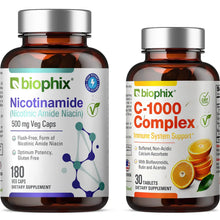 Load image into Gallery viewer, Biophix Nicotinamide 500 mg 180 Vegetarian Capsules with Free Vitamin C Front View
