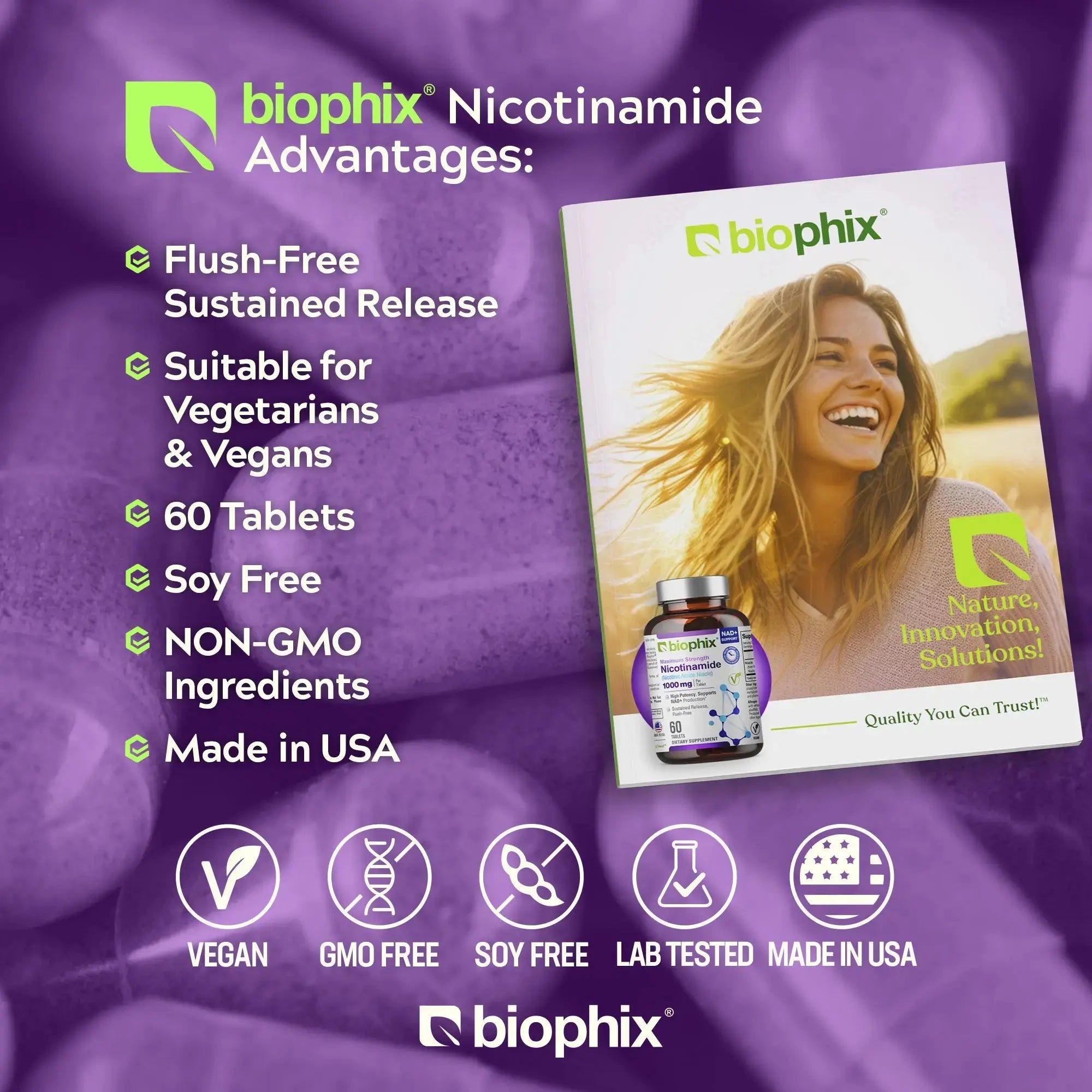 Biophix Nicotinamide Extra Strength 1000 mg Back Label Allergen-Free Gluten-Free