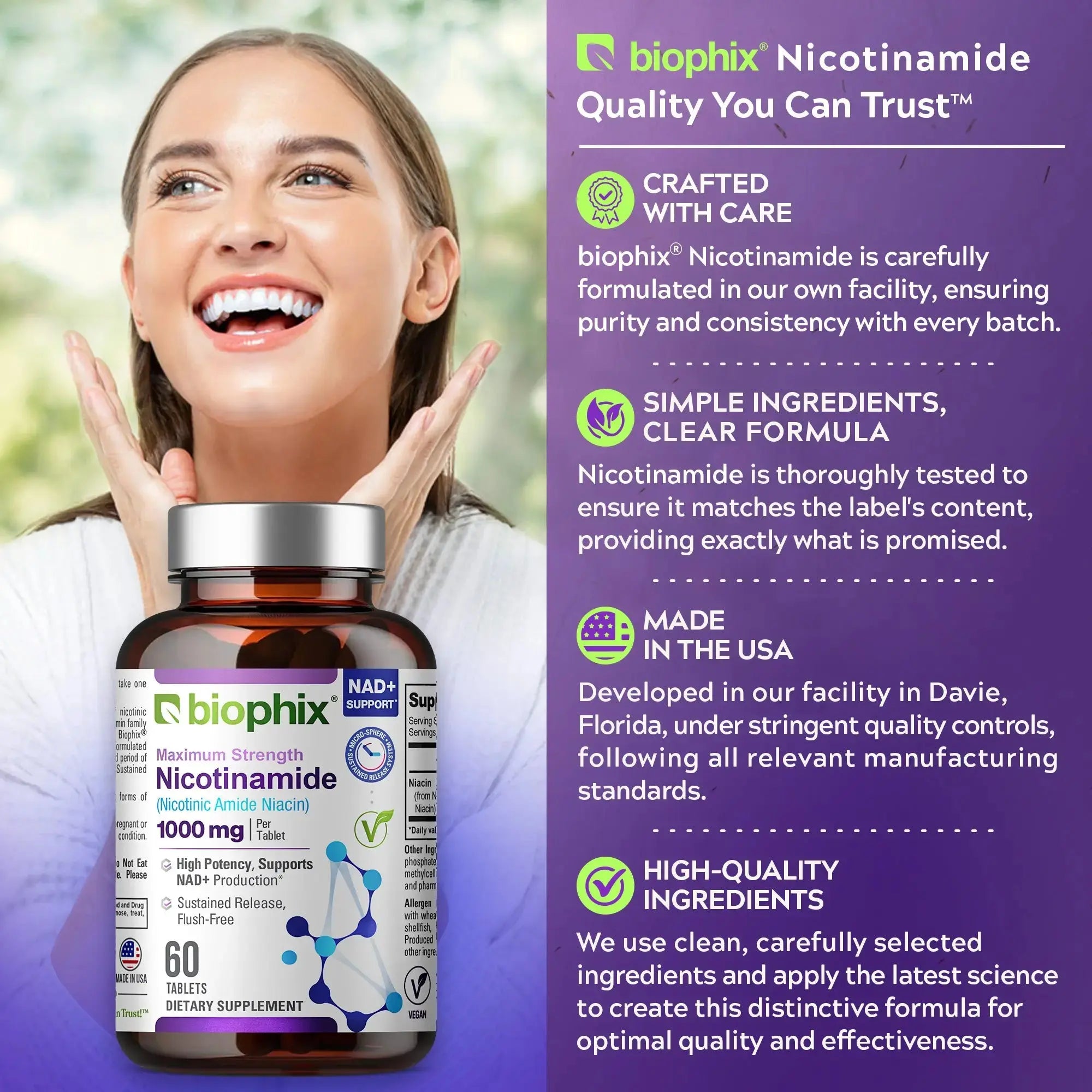 Biophix Nicotinamide Extra Strength 1000 mg Supplement Facts Label Per Tablet