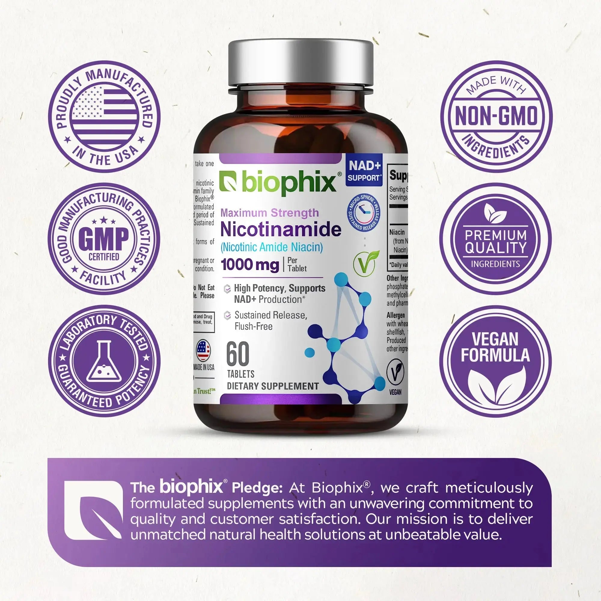 Biophix Nicotinamide 1000 mg Right Side View cGMP Certified Third Party Tested USA
