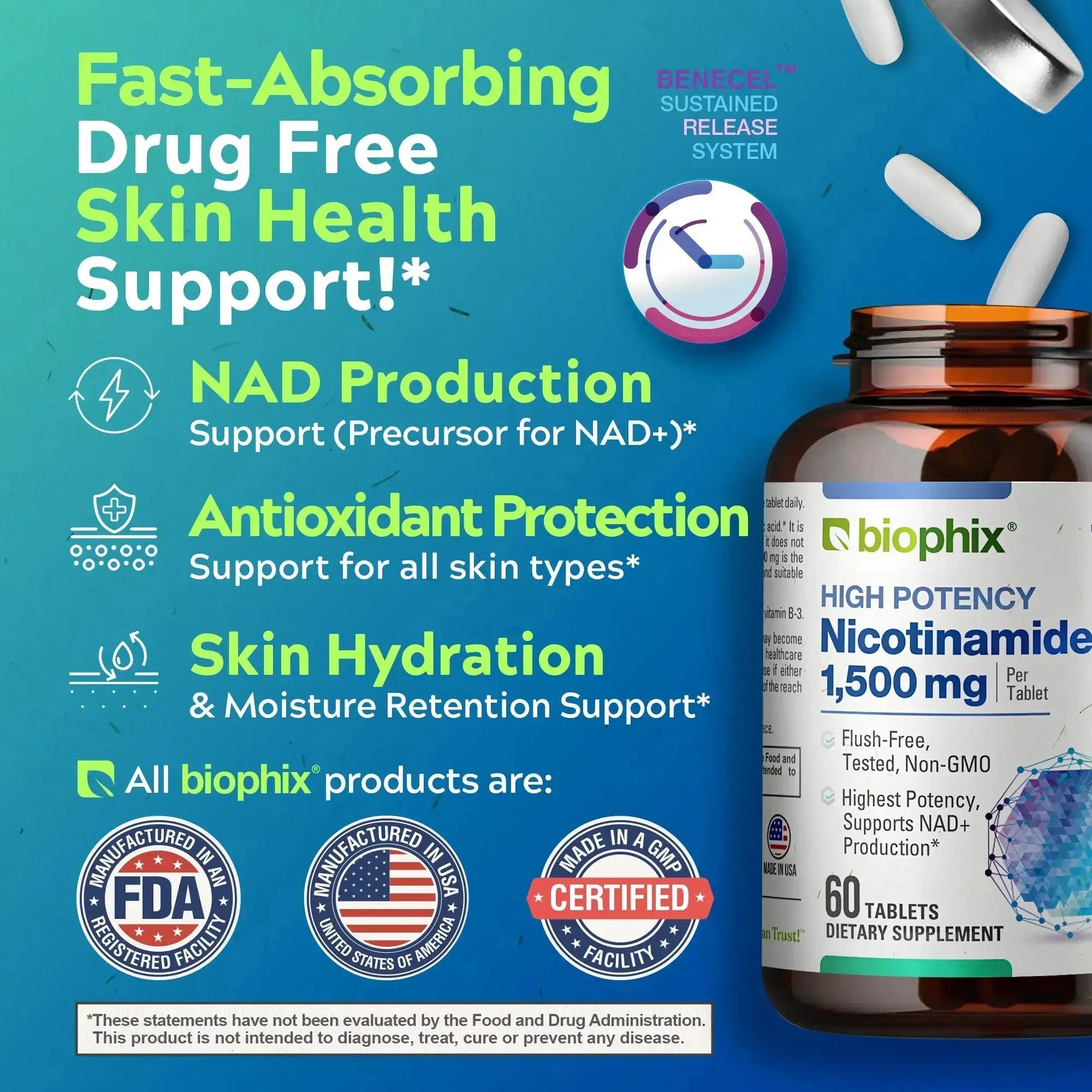 Biophix Nicotinamide B3 1500 mg High-Dose Skin Cell Repair NAD+ Precursor Support