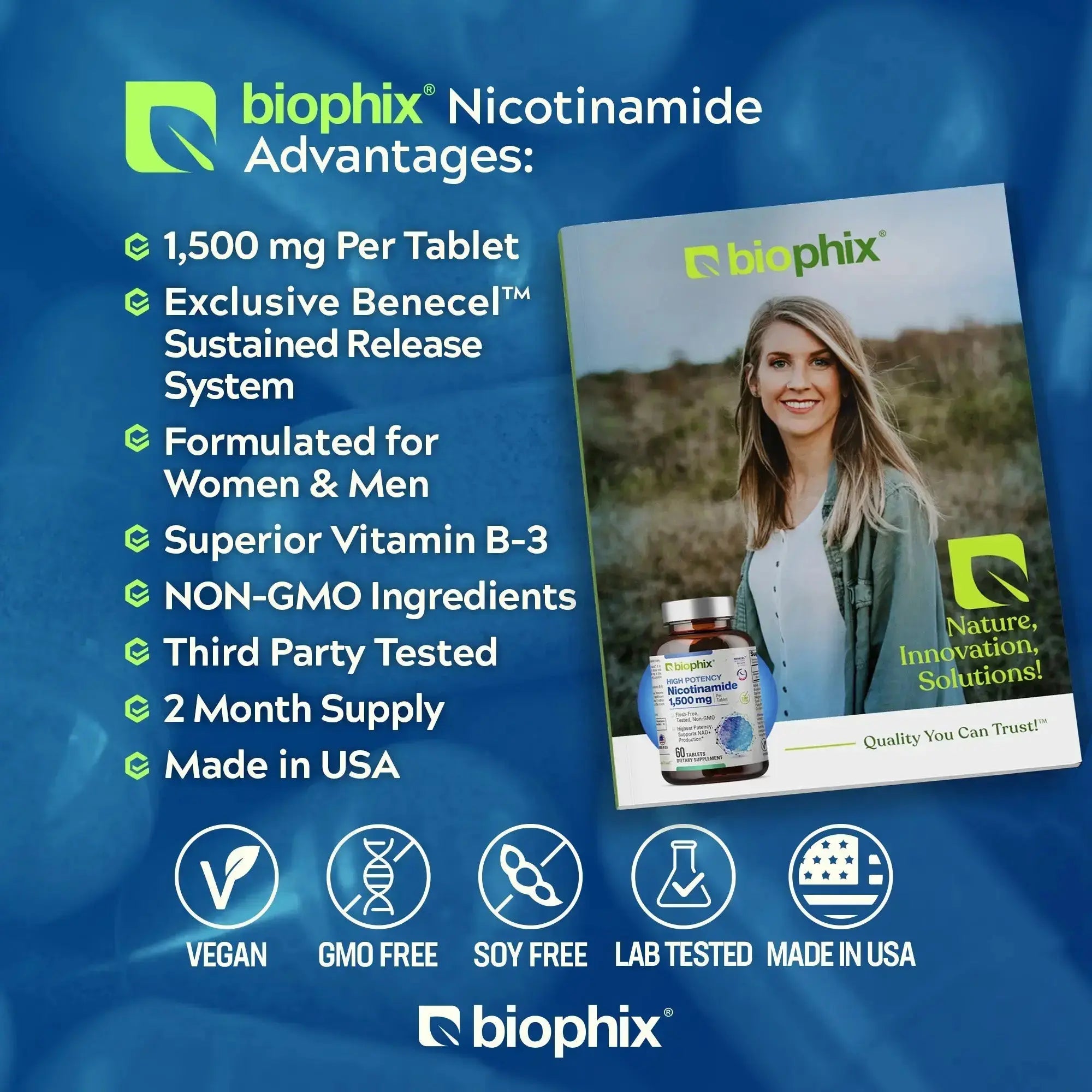 Biophix Nicotinamide 1500 mg Back Label Non-GMO Allergen-Free Gluten-Free Pure