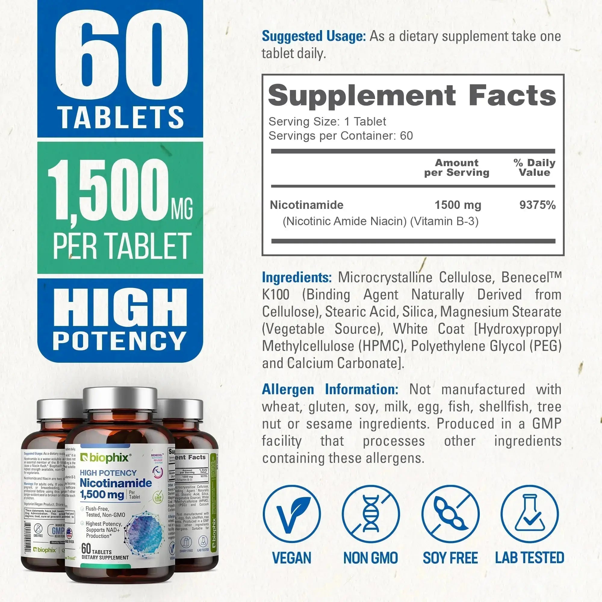 Biophix Nicotinamide 1500 mg Skin Clarity Antioxidant Anti-Aging Cellular Wellness