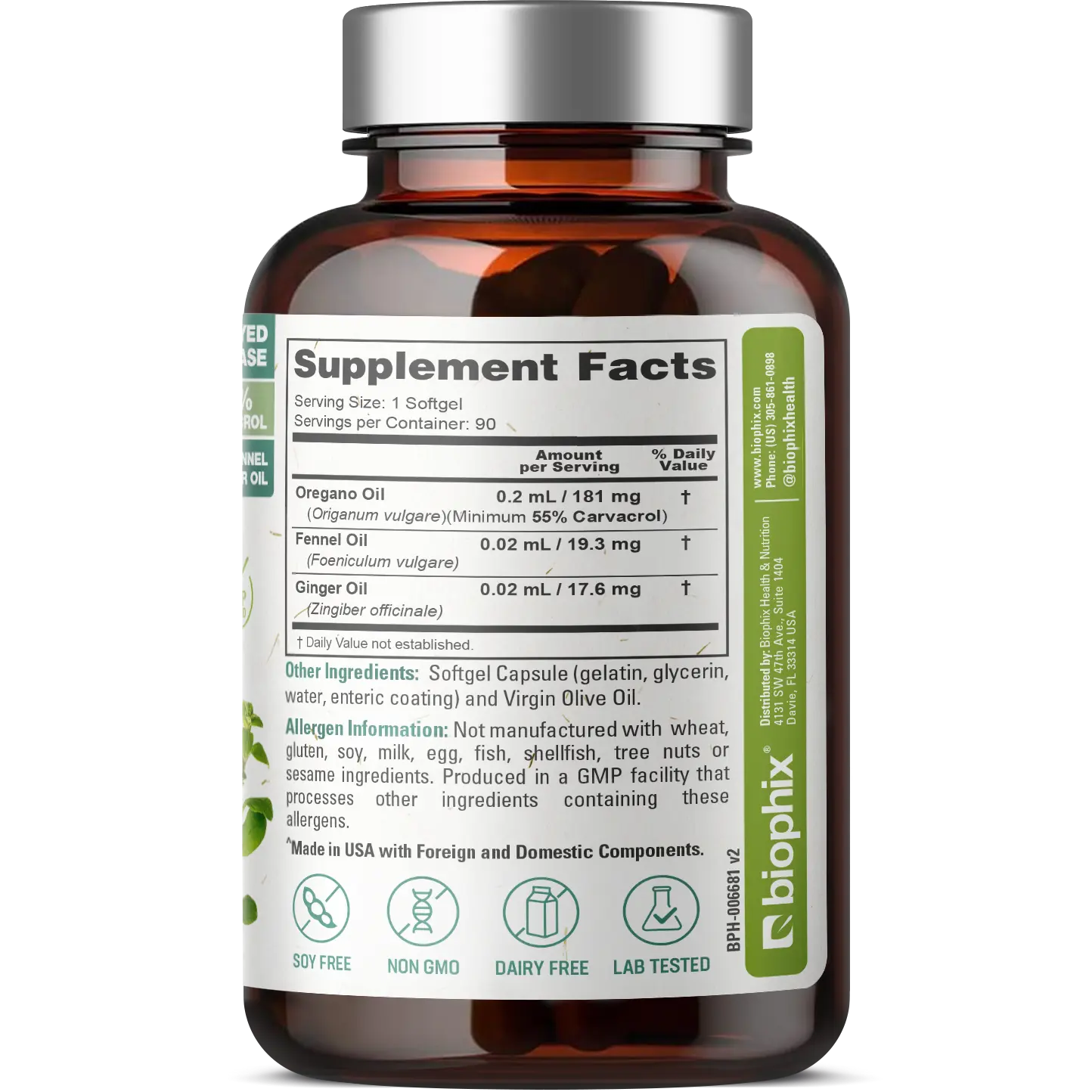 biophix Oil of Oregano 90 Softgels with Fennel and Ginger Oil