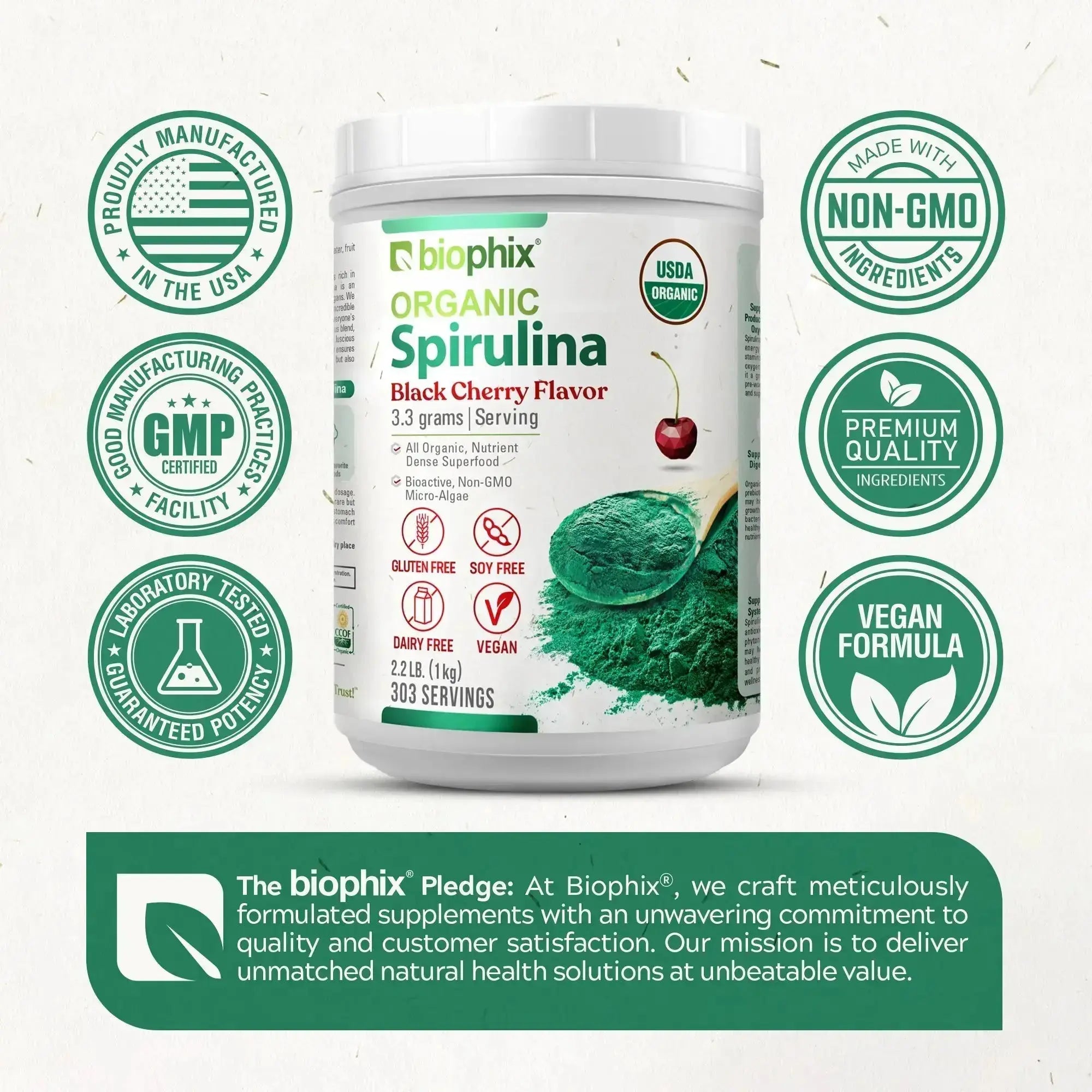 Biophix Black Cherry Spirulina Back Label cGMP Certified Non-GMO Vegan USA Made