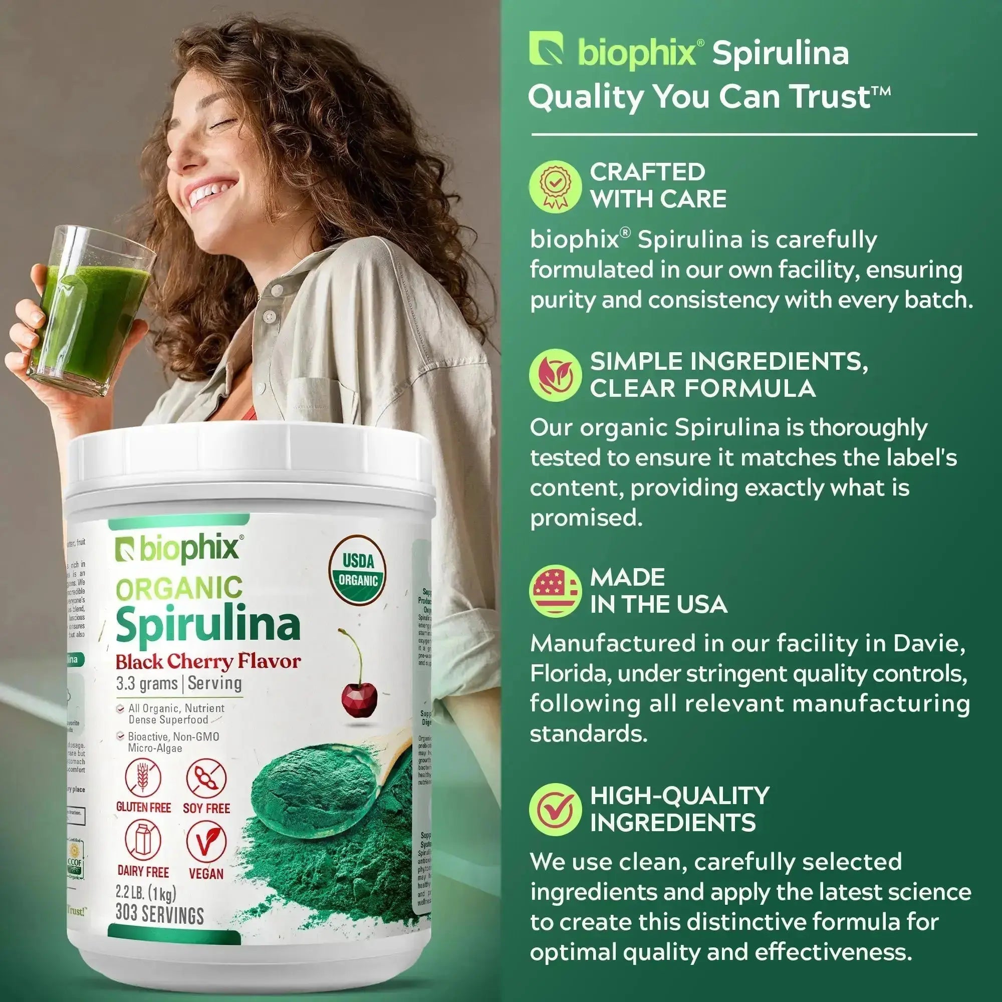 Biophix Organic Spirulina Black Cherry 2.2 lbs Supplement Facts Label Per Serving