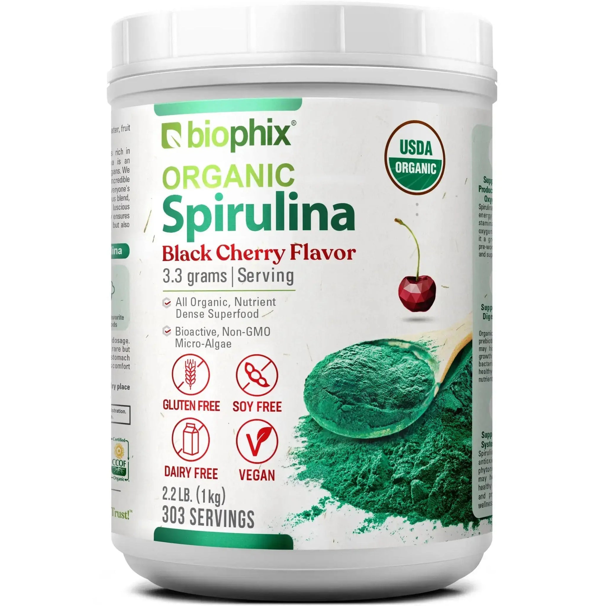 Biophix Organic Spirulina Powder Black Cherry Flavor 2.2 lbs 1 kg - Green Antioxidants Superfood Protein Immune Support
