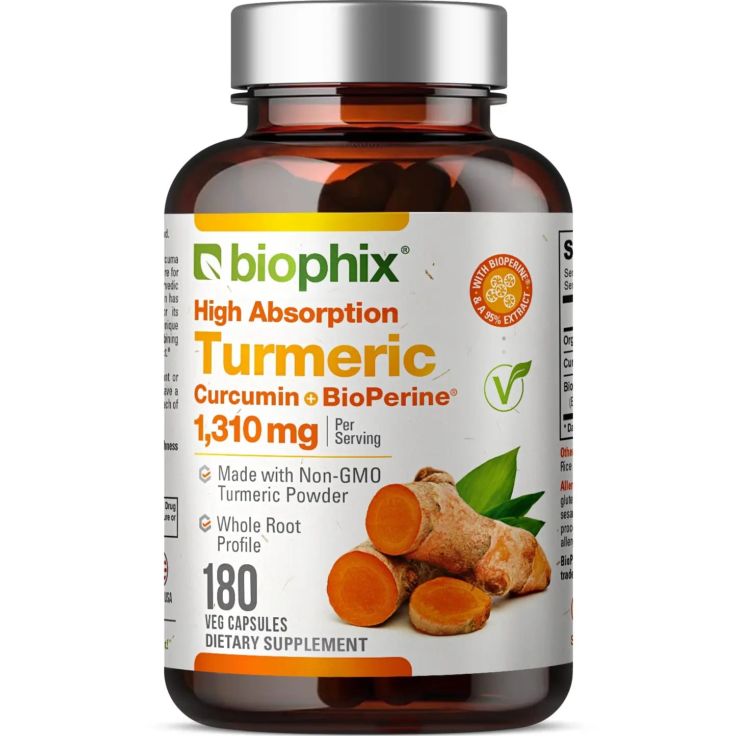 Biophix Organic Turmeric Curcumin 1310 mg 180 Vegetarian Capsules BioPerine Front View