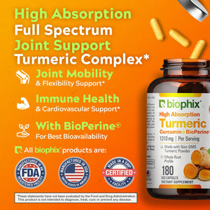 biophix Organic Turmeric Curcumin 1310 mg 180 Vegetarian Capsules with BioPerine