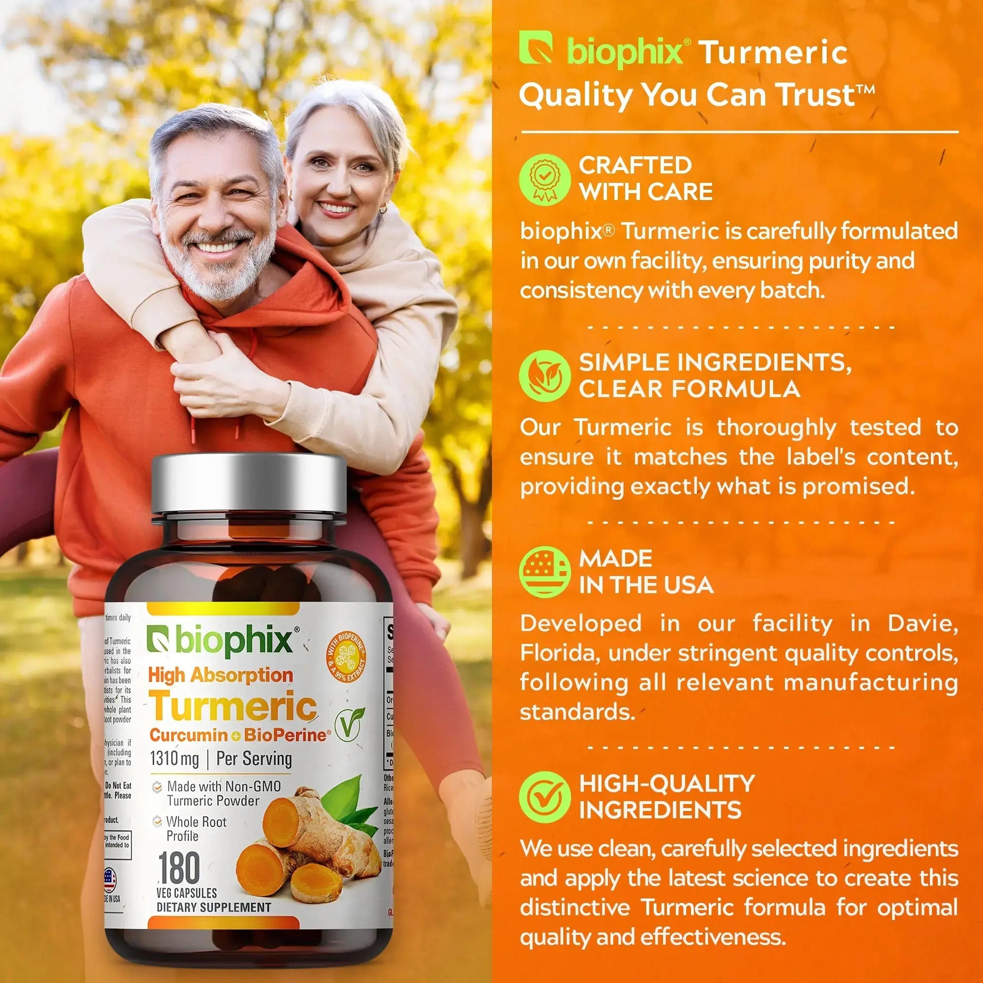 Biophix Organic Turmeric Curcumin 1310 mg Supplement Facts Label 180 Vcaps