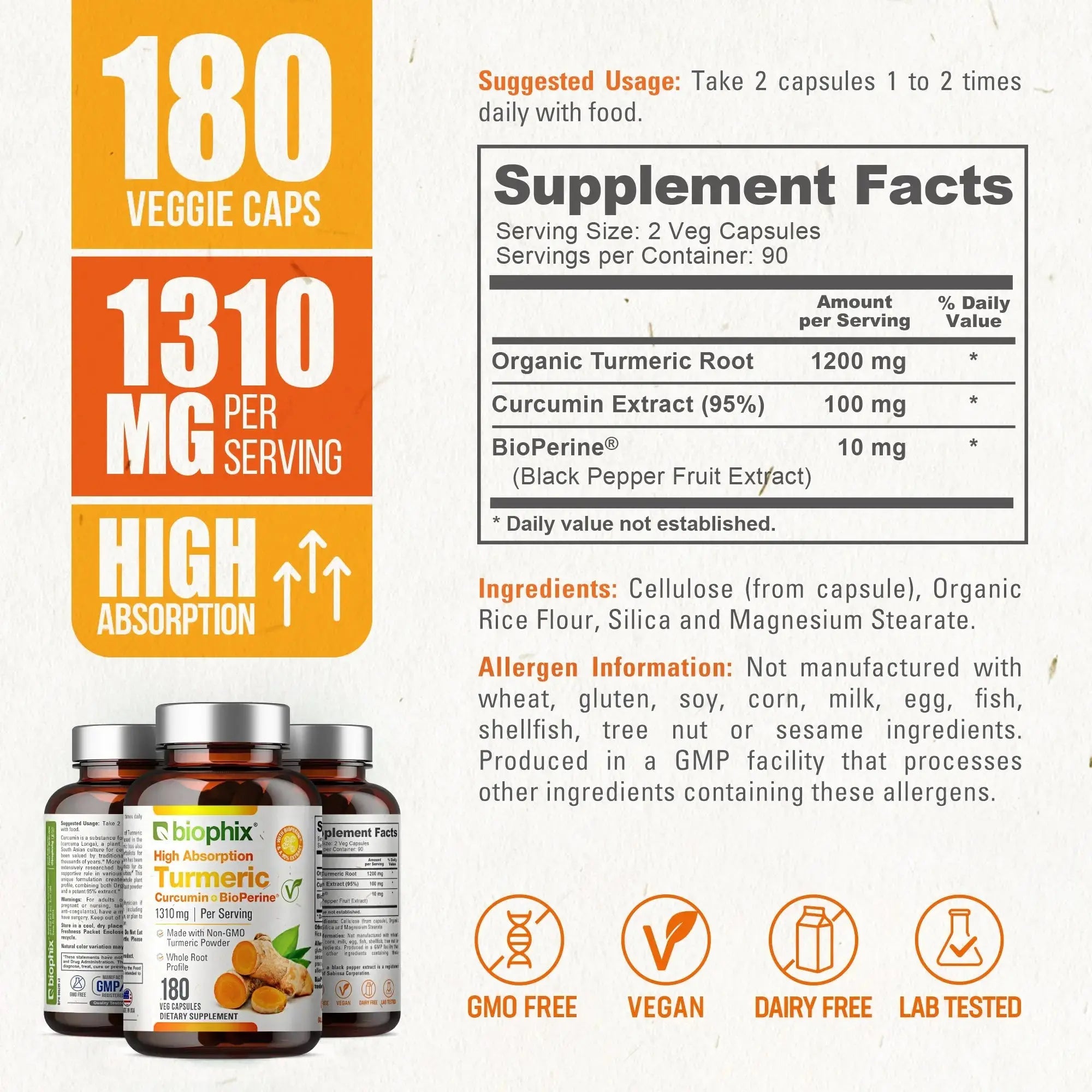 Biophix Organic Turmeric Curcumin 1310 mg 180-Day Supply Antioxidant Anti-Inflammatory