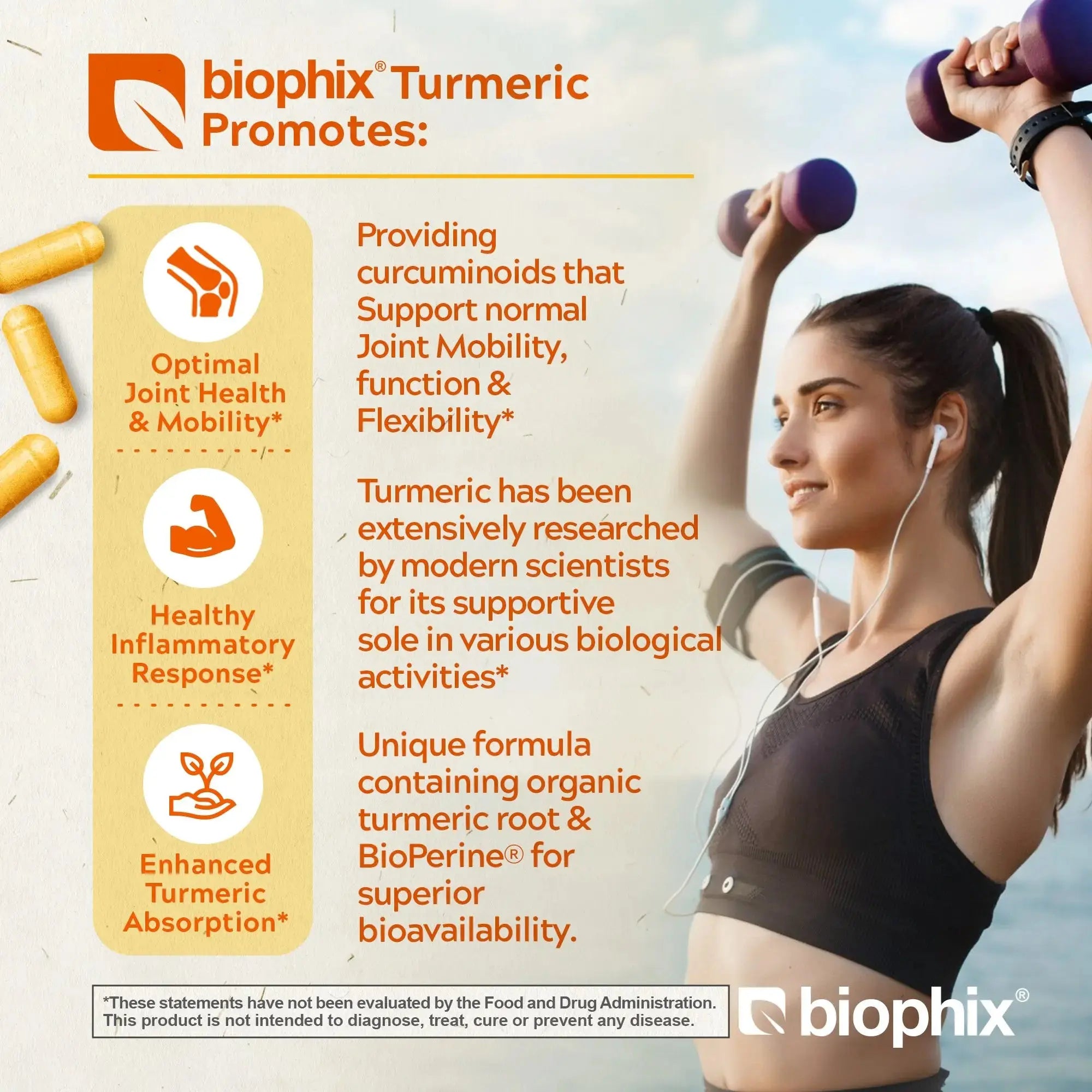 Biophix Turmeric Curcumin Left Side View USDA Organic BioPerine Black Pepper Extract